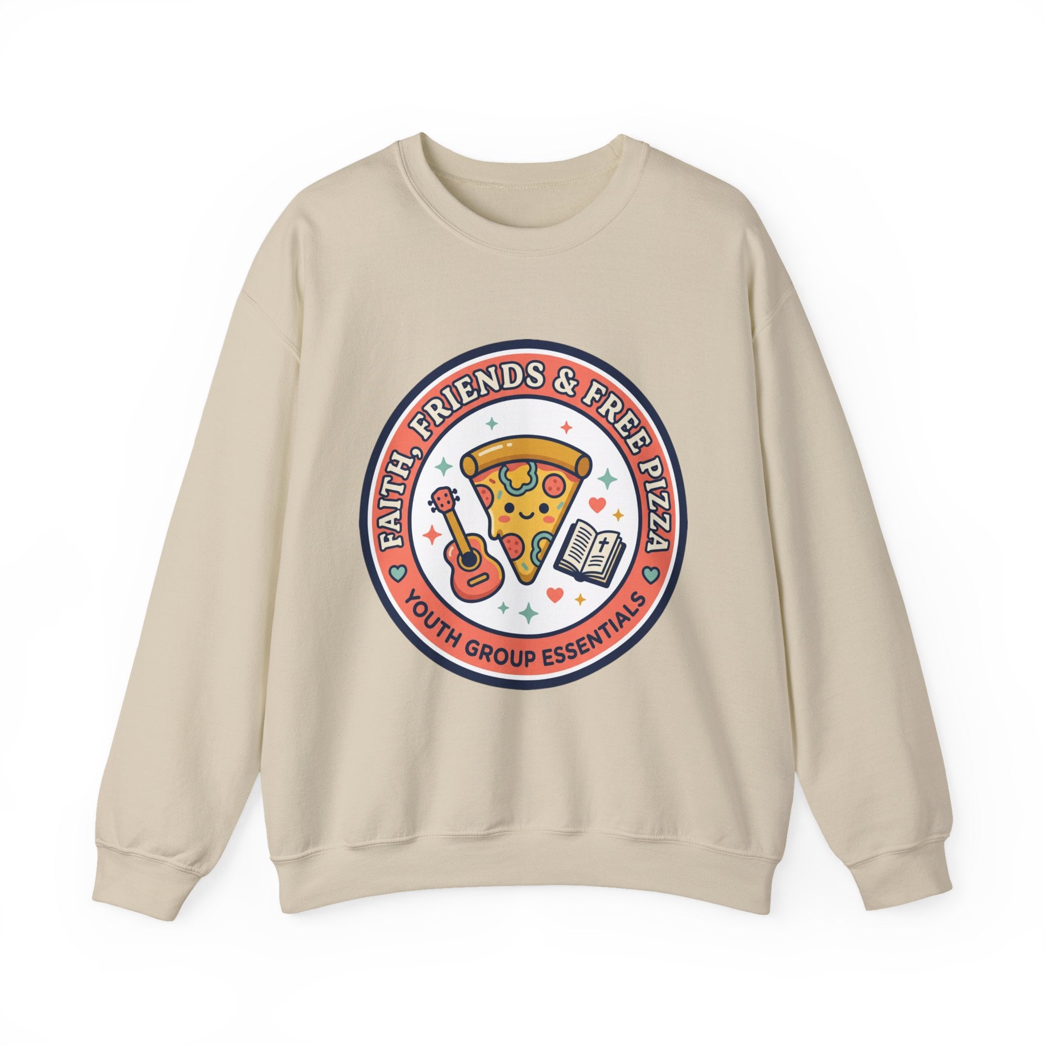 Faith, Friends & Free Pizza Crewneck Sweatshirt | Christian memes, church camp retro