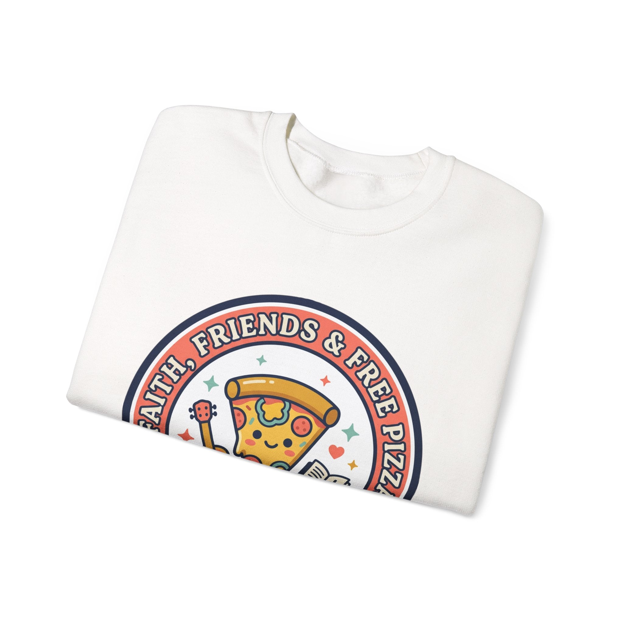 Faith, Friends & Free Pizza Crewneck Sweatshirt | Christian memes, church camp retro