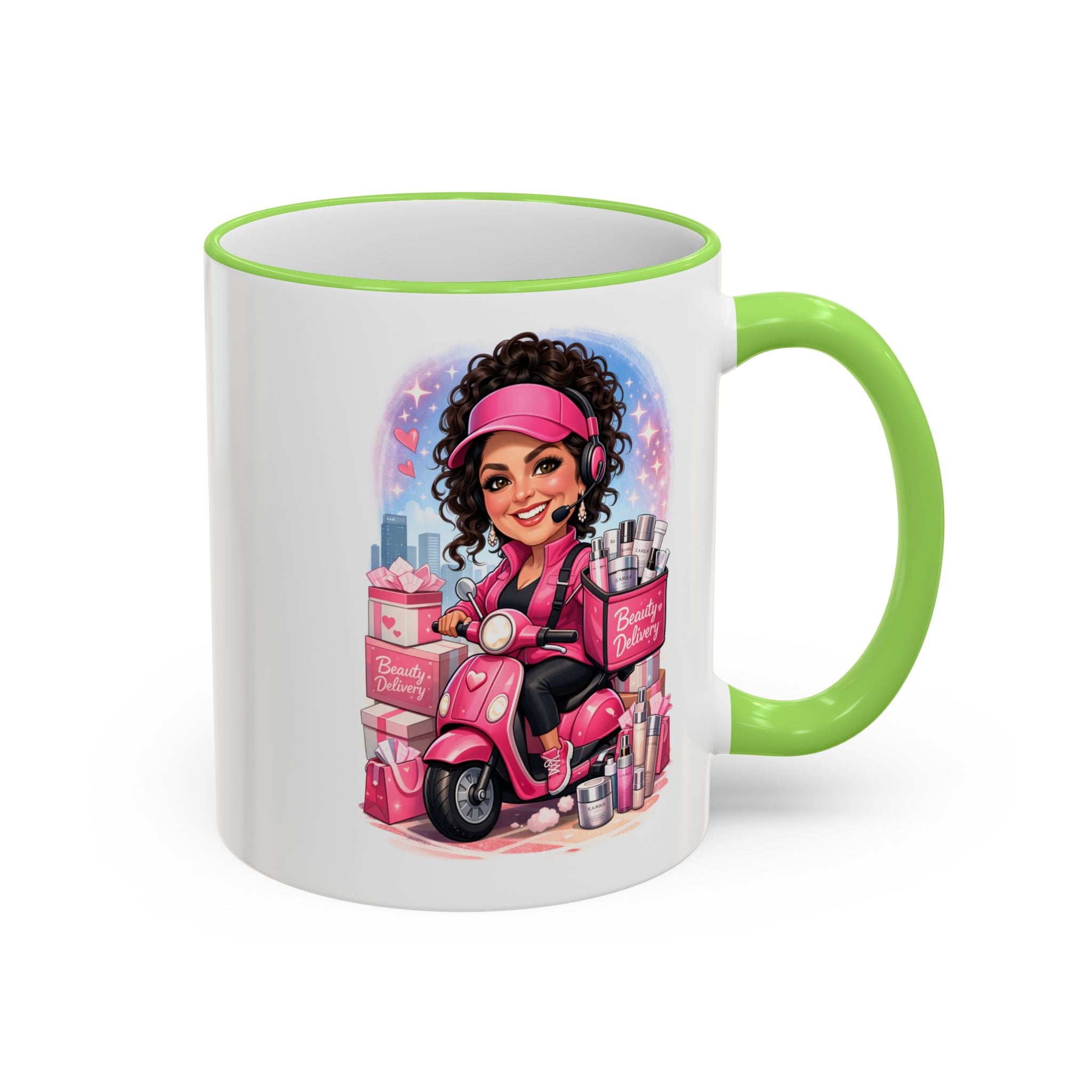 Coffee Mug — Cute Pink Makeup Girl Illustration Accent Rim & Handle