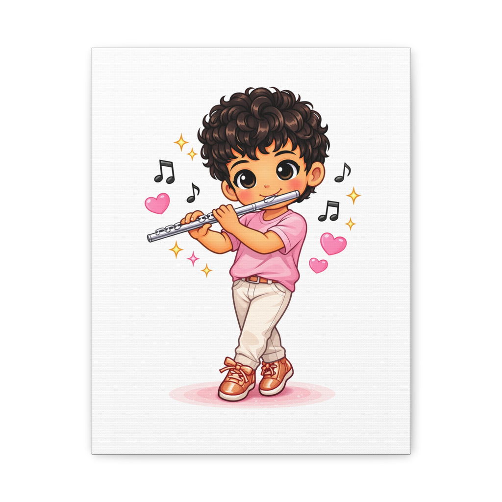 Cute Boy Playing Flute Matte Canvas Wall Art — Chibi Musician Decor