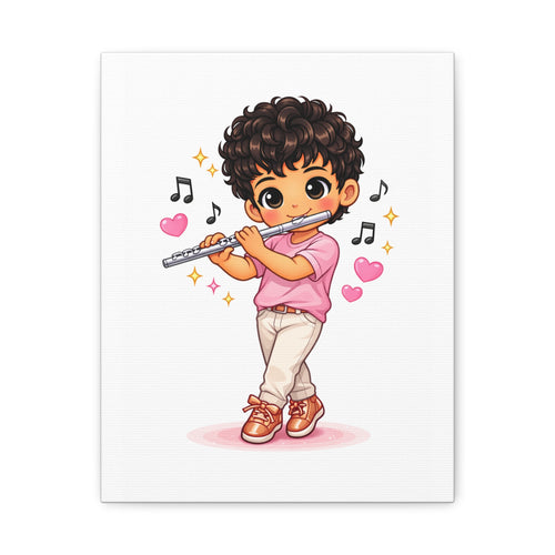 Cute Boy Playing Flute Matte Canvas Wall Art — Chibi Musician Decor