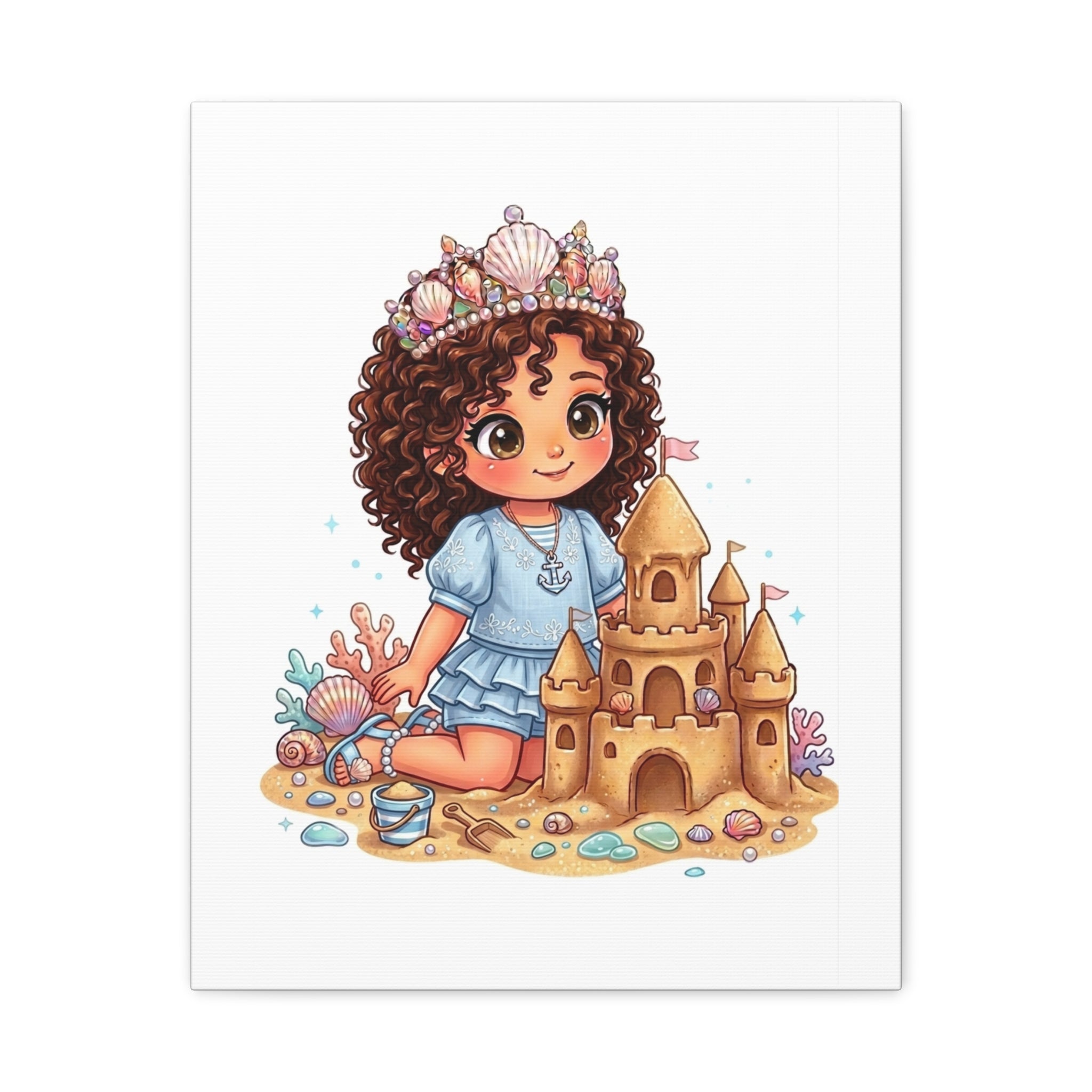 Cute Little Mermaid Princess Beach Canvas — Kid’s Wall Art with Sandcastle