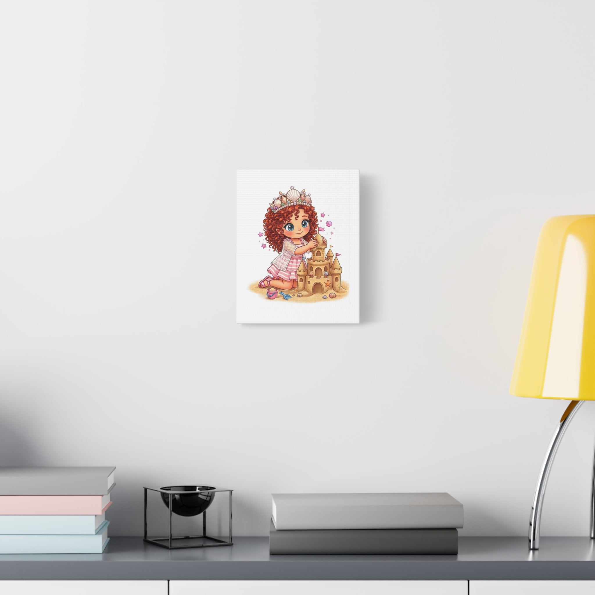 Cute Girl Building Sandcastle Canvas Print — Beach Princess Nursery Wall Art