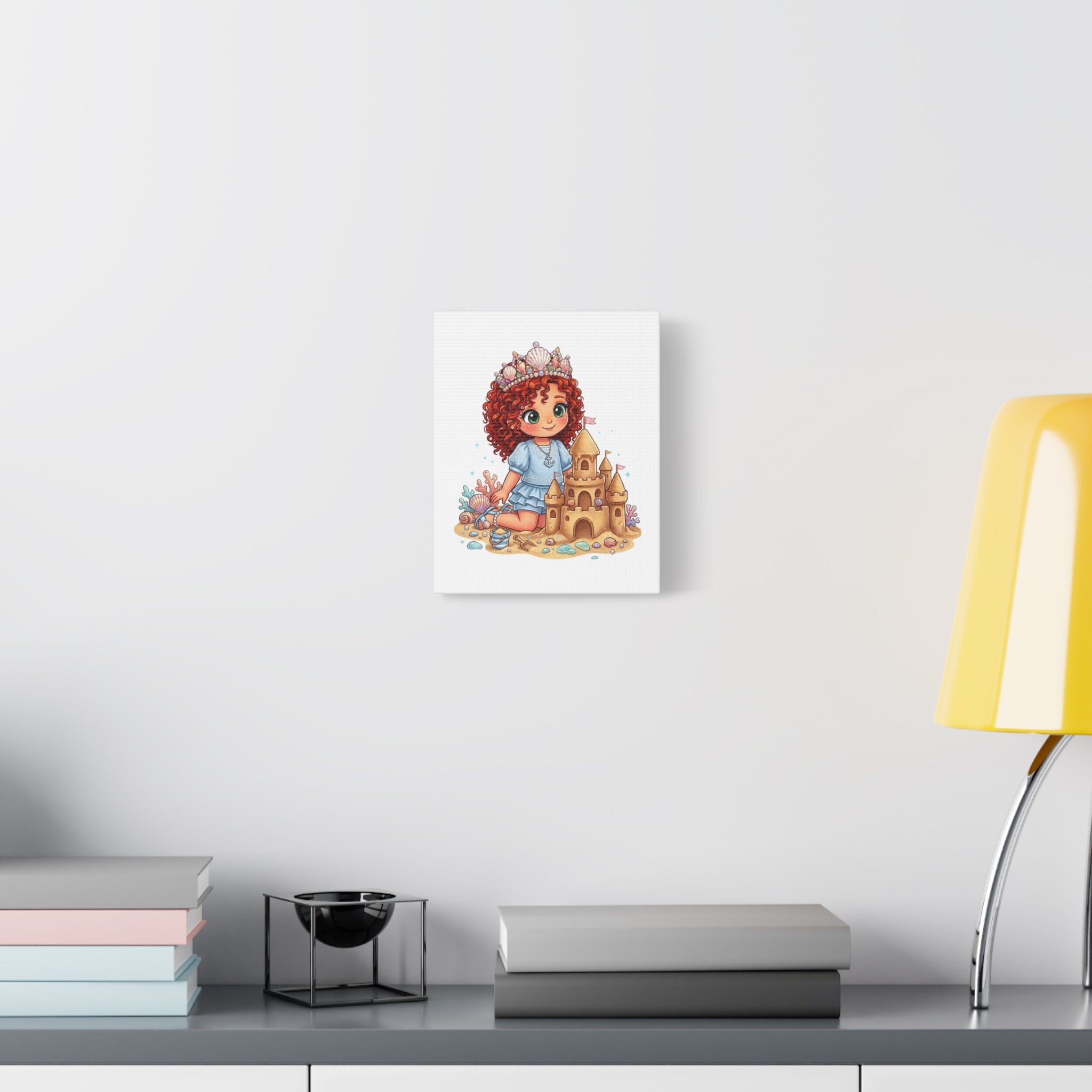 Kids' Canvas Art — Red Curly Mermaid Princess with Sandcastle Matte Stretched Canvas