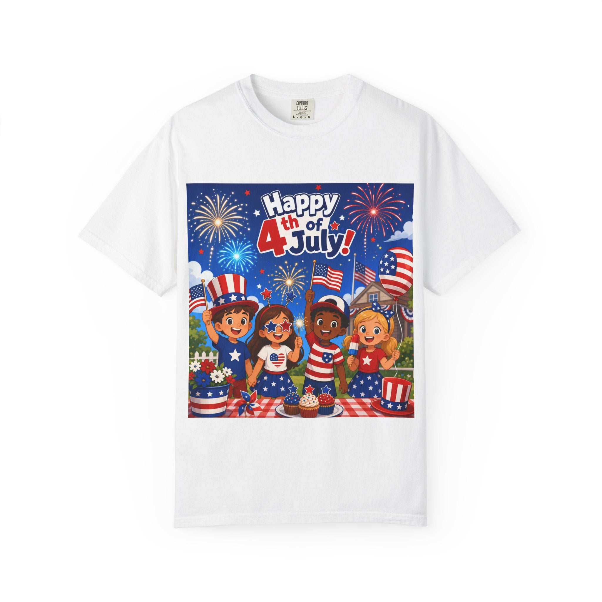 4th of July Kids Patriotic T-Shirt — "Happy 4th of July" Fireworks Design