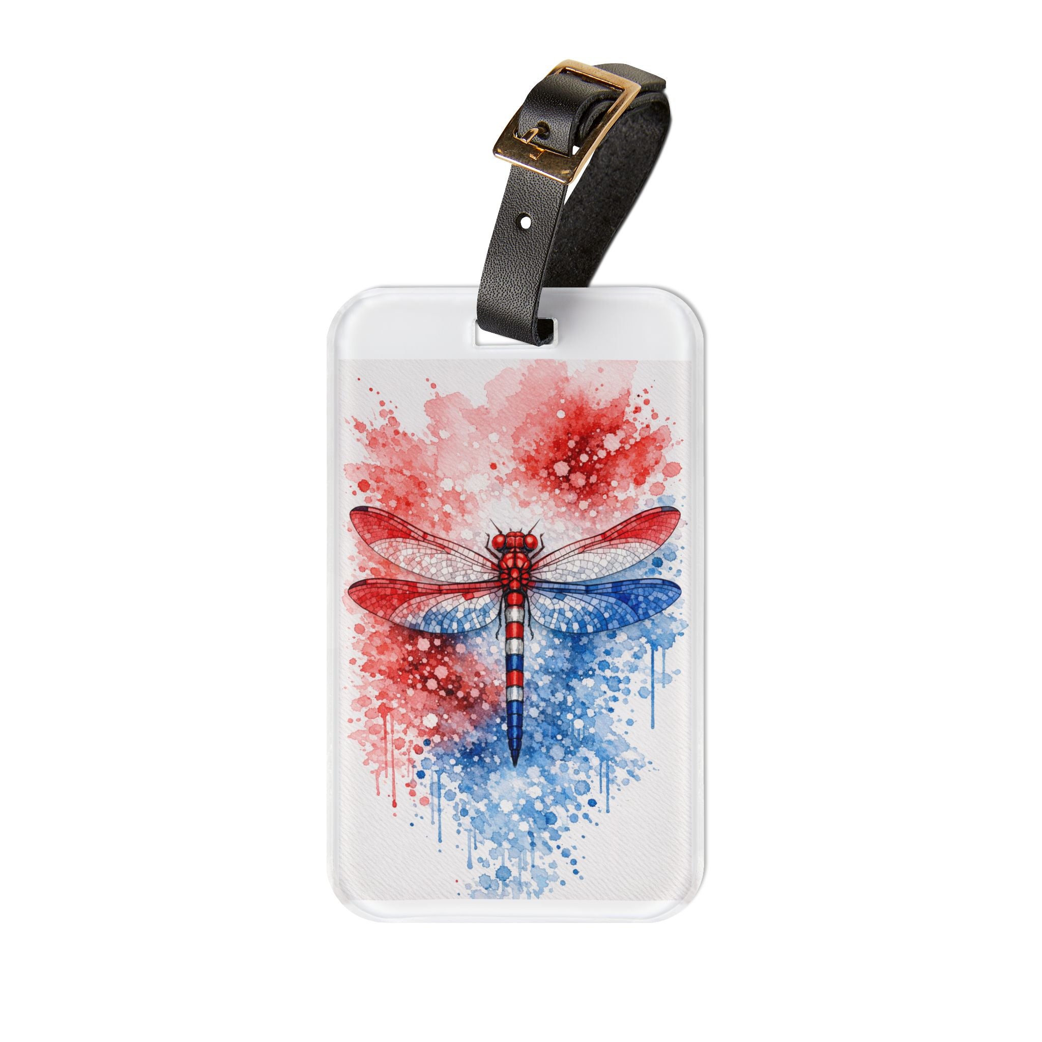 Patriotic Dragonfly Luggage Tag — Red, White & Blue Watercolor Travel ID
