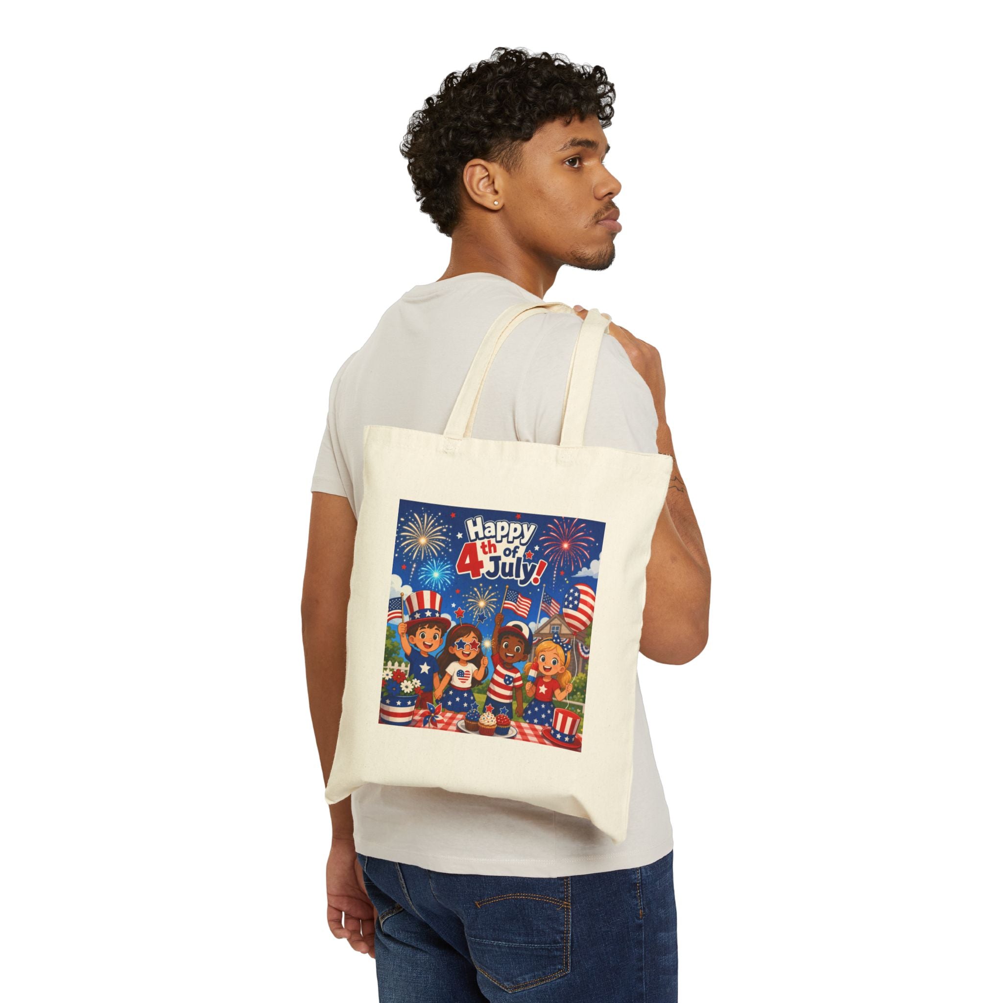 Happy 4th of July Cotton Tote Bag - Patriotic Kids Fireworks Design