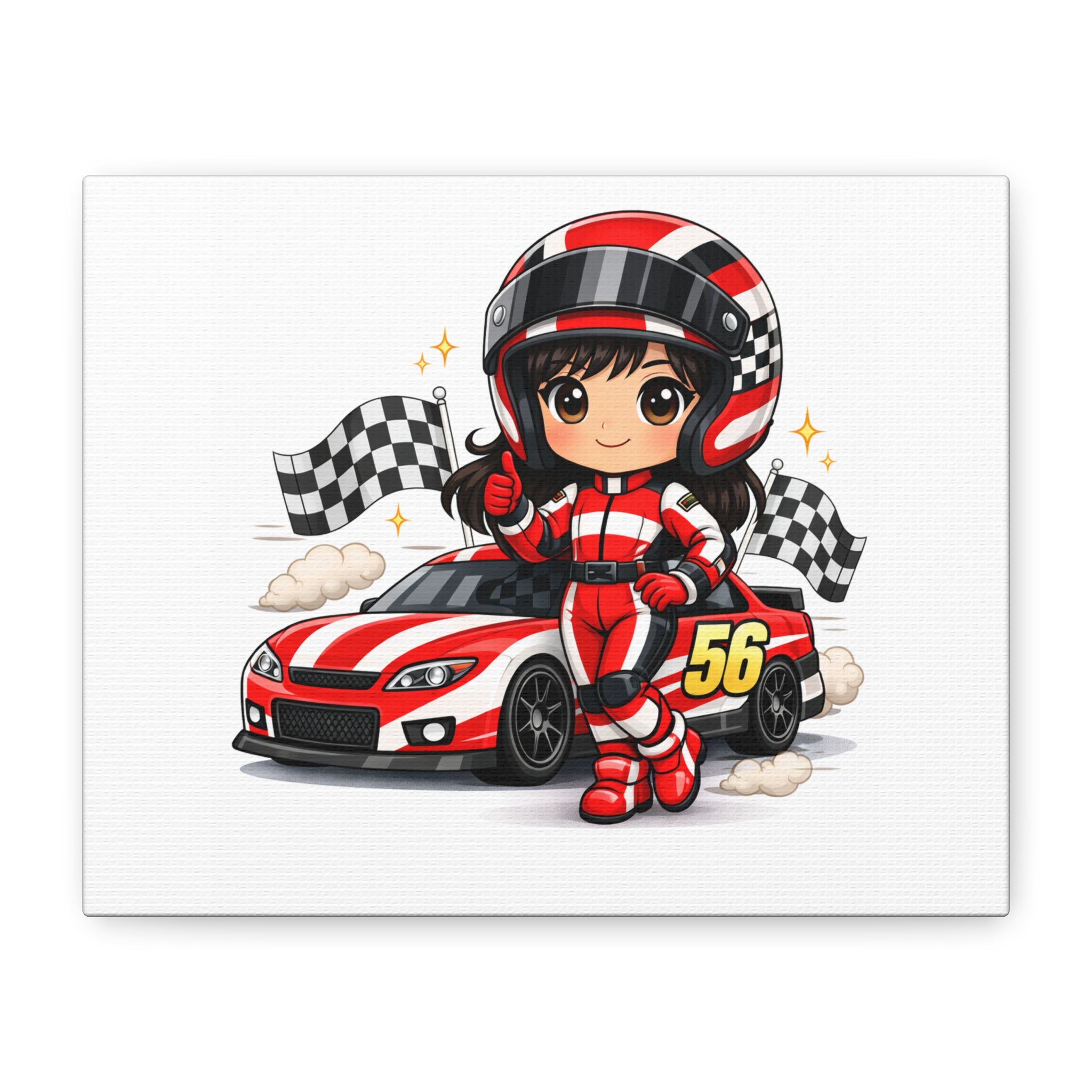 Racing Girl Canvas Print — Cute Red Race Car Driver Art (Number 56)