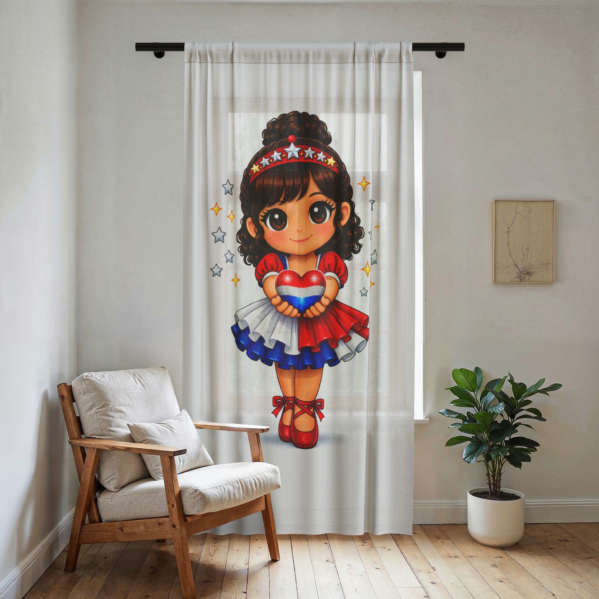 Sheer Curtain — Cute Patriotic Girl Holding Heart Window Curtain