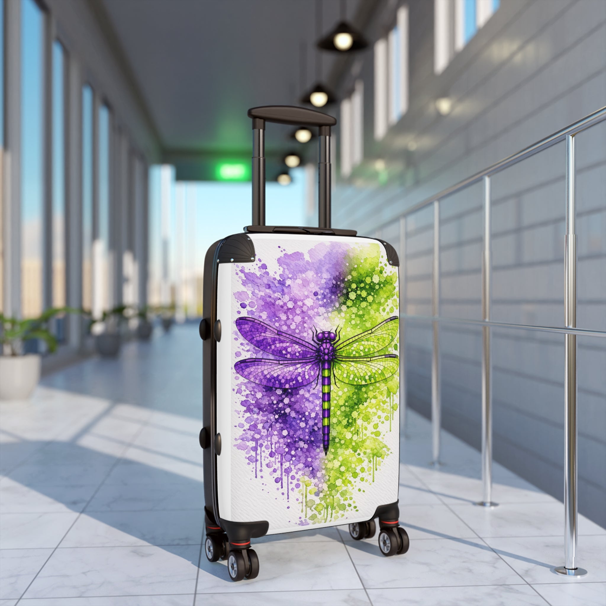 Dragonfly Carry-On Suitcase — Purple & Green Watercolor Splash Travel Luggage
