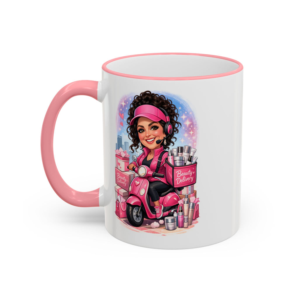 Coffee Mug — Cute Pink Makeup Girl Illustration Accent Rim & Handle