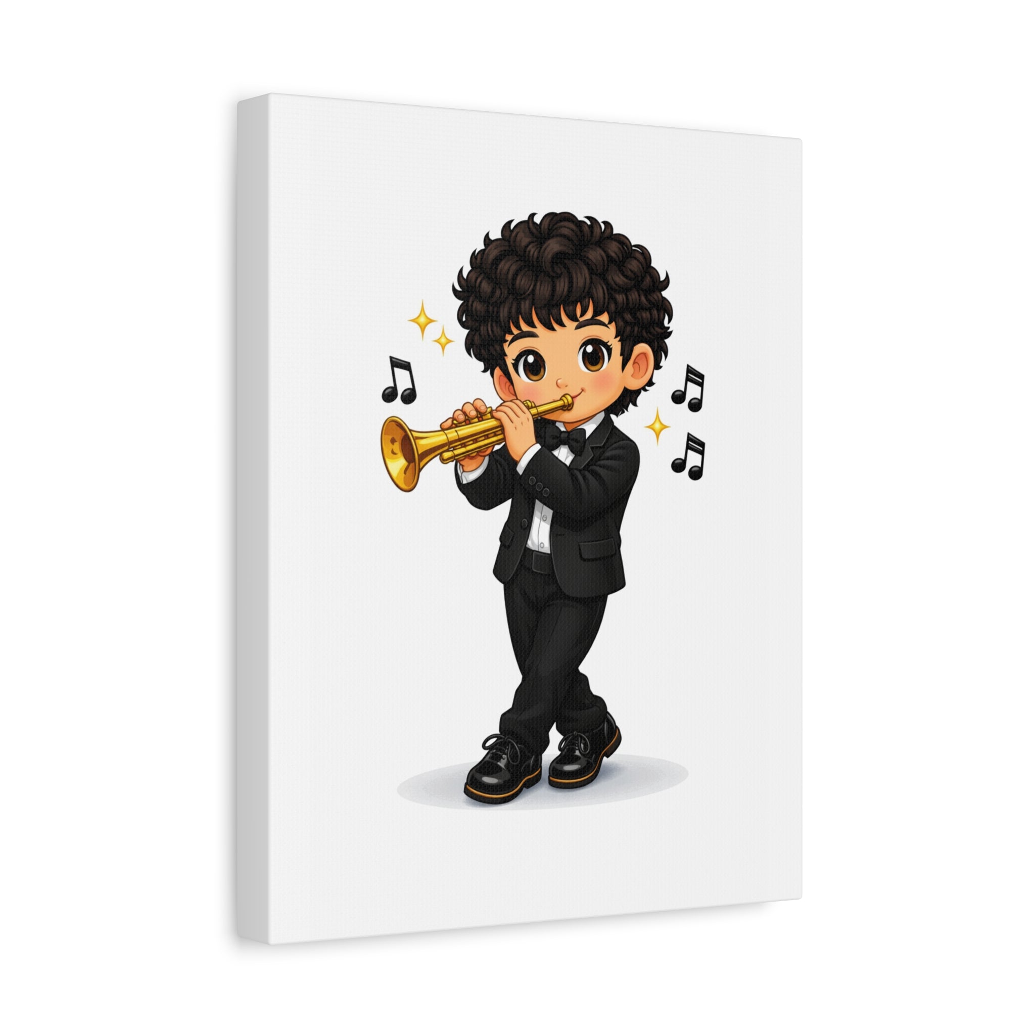 Trumpet Player Canvas Wall Art — Cute Boy Musician Illustration, Matte Stretched 1.25"