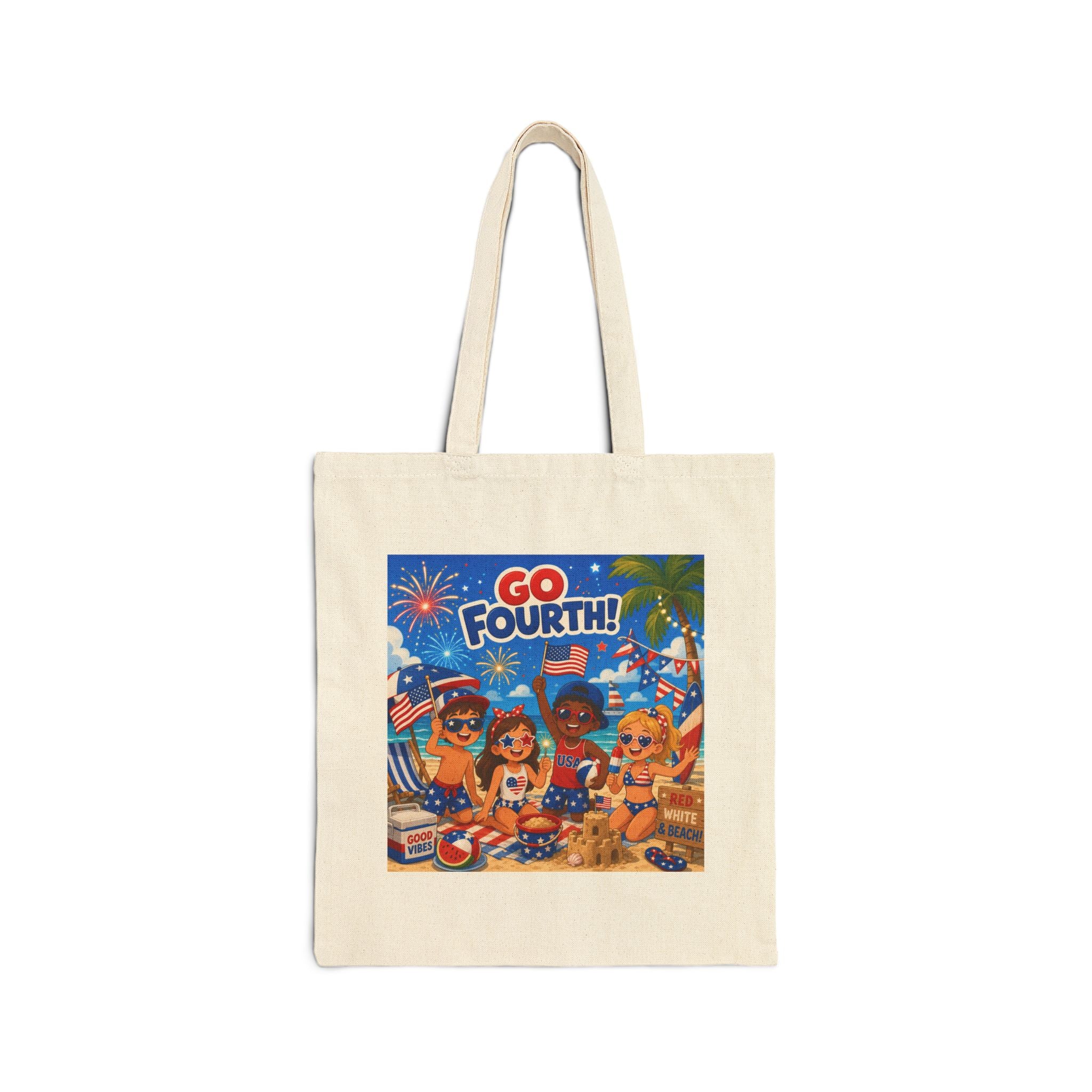 Fourth of July Beach Tote — “Go Fourth!” Patriotic Cotton Canvas Bag
