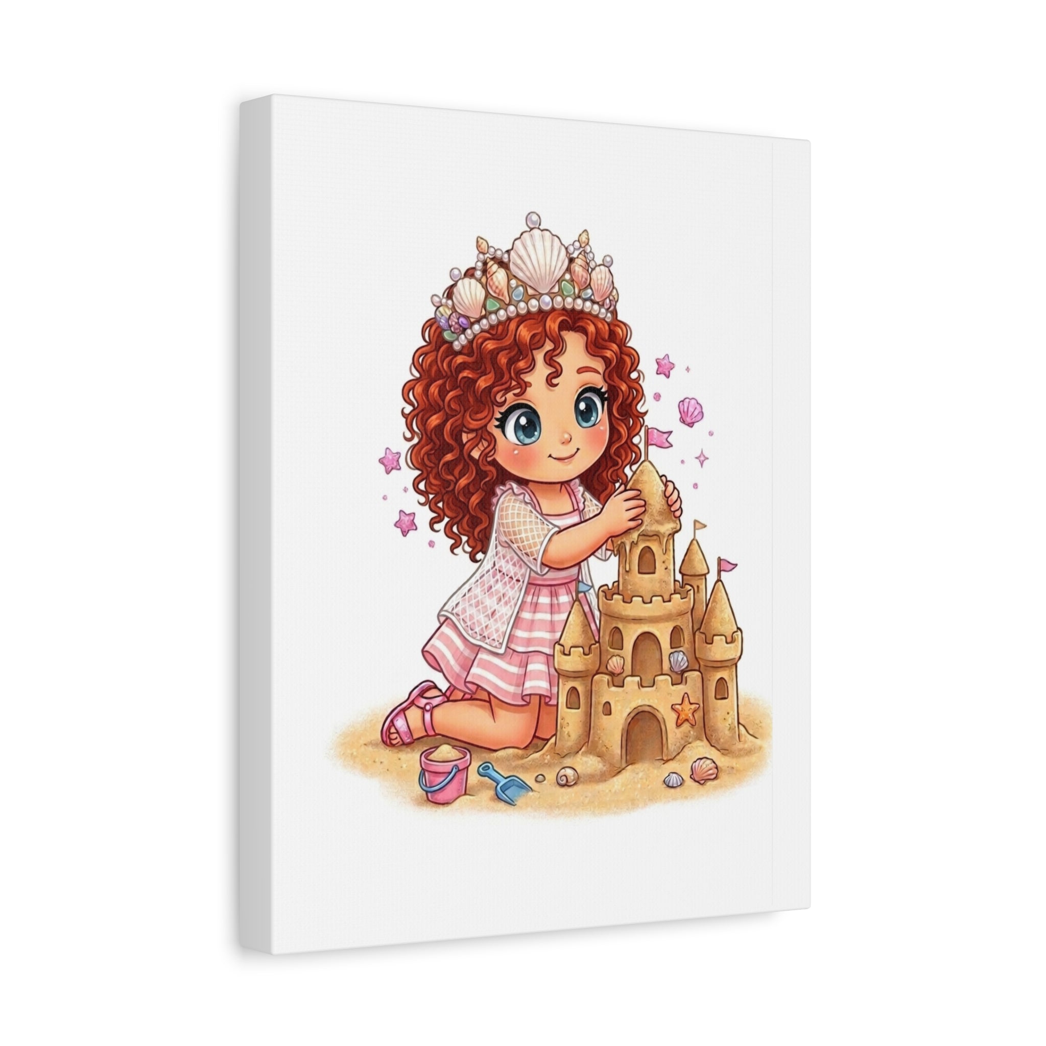 Cute Girl Building Sandcastle Canvas Print — Beach Princess Nursery Wall Art
