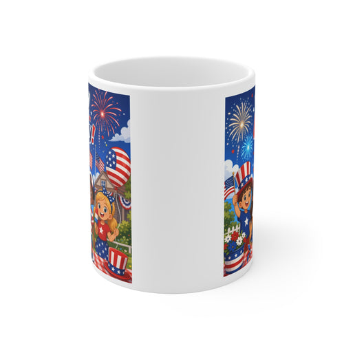 4th of July Mug – Patriotic Kids Fireworks Coffee Cup (11 oz)