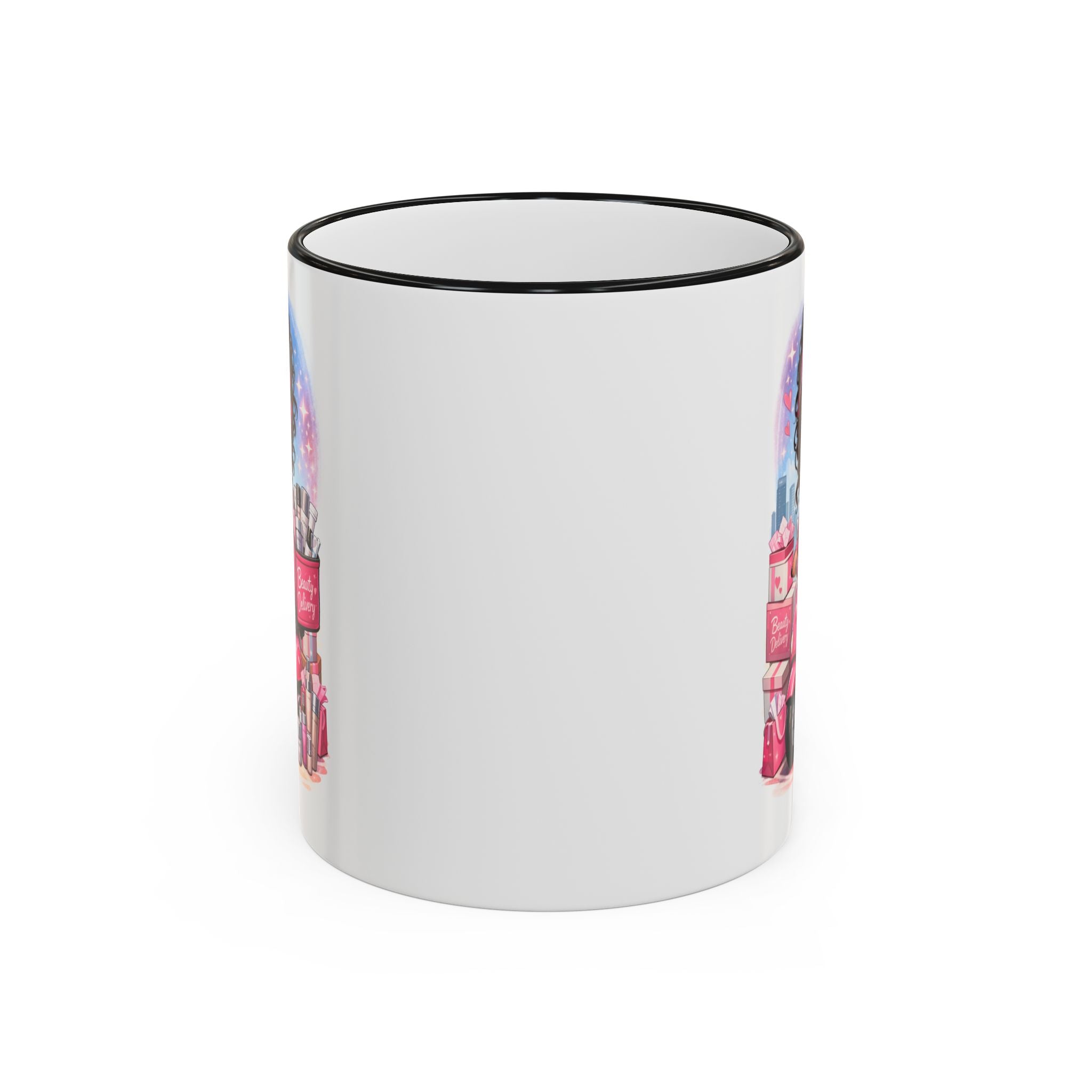 Coffee Mug — Cute Pink Makeup Girl Illustration Accent Rim & Handle