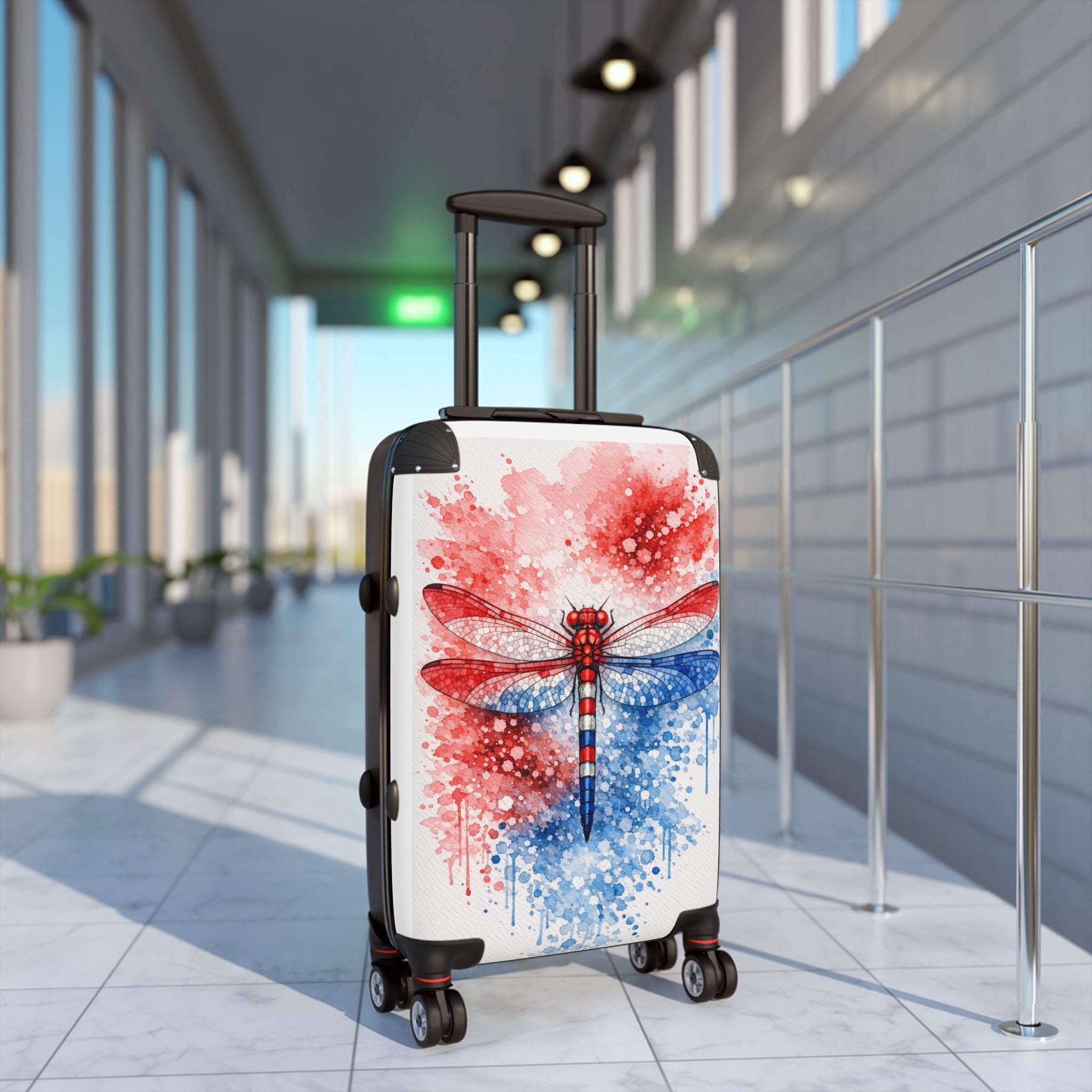 Patriotic Watercolor Dragonfly Carry-On Suitcase — Red White Blue Travel Luggage