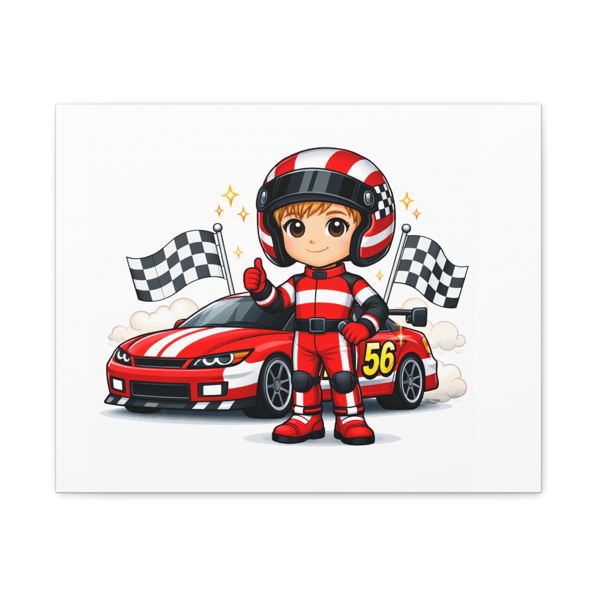 Race Car Driver Canvas Wall Art — Cute Cartoon Racer with Checkered Flags