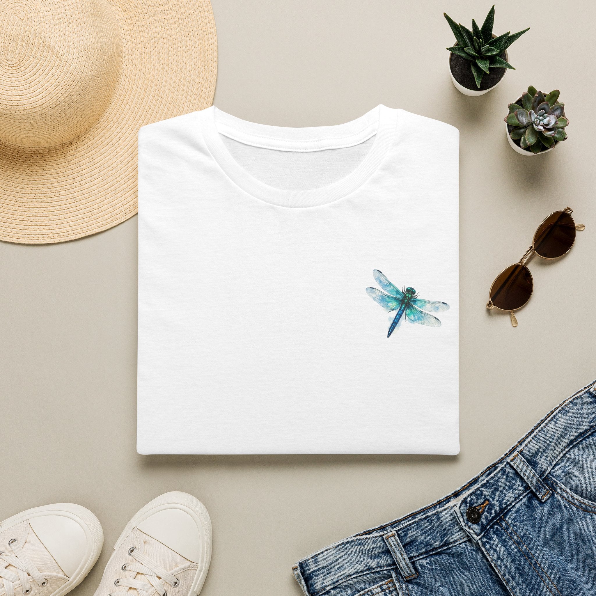 Dragonfly Accent T-Shirt — Watercolor Blue Dragonfly Chest Print