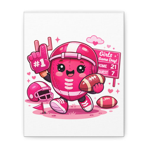 Cute Pink Football Girl Canvas Wall Art — 'Girls Game Day' Stretched Matte Print