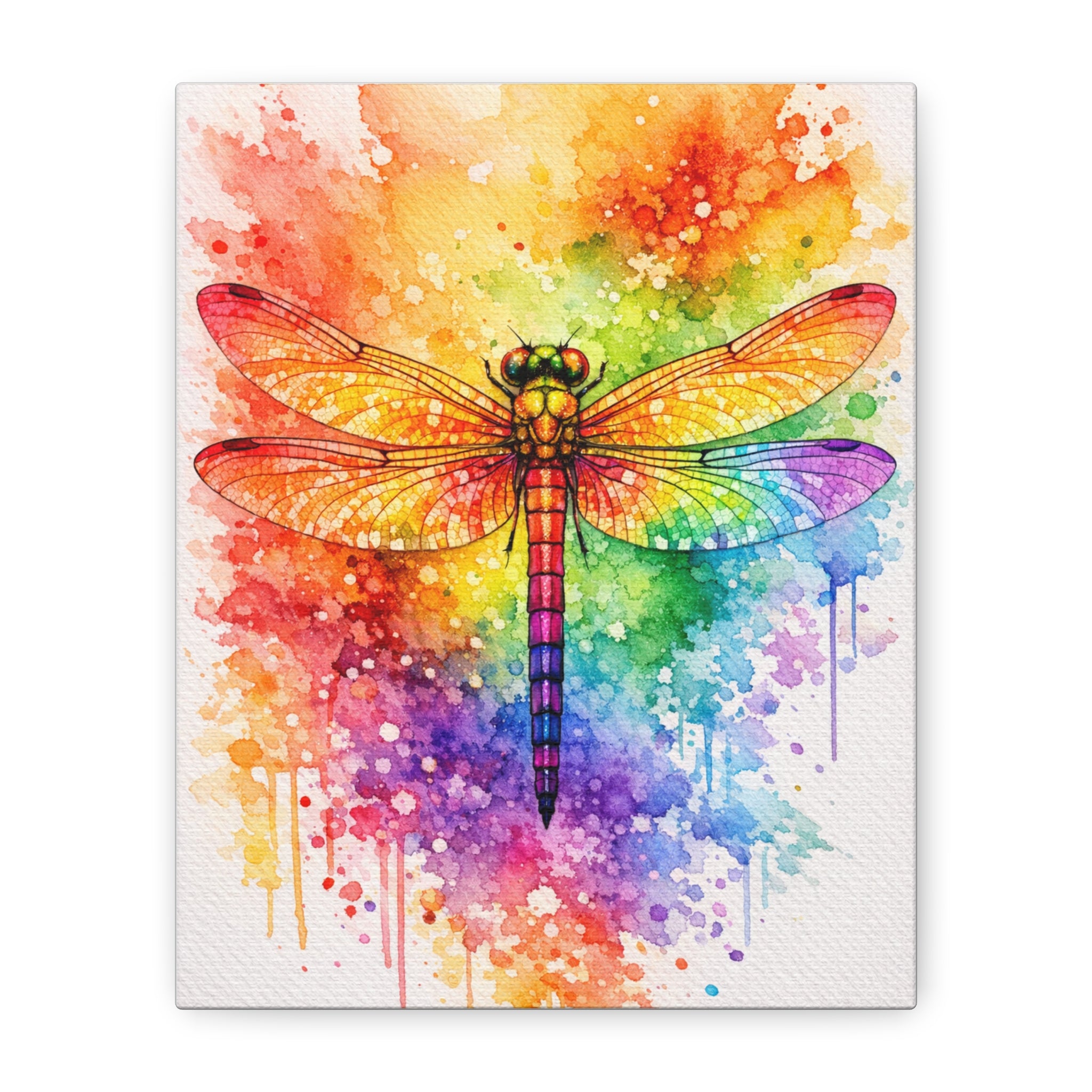 Rainbow Watercolor Dragonfly Canvas Art – Vibrant Stretched Matte Wall Decor