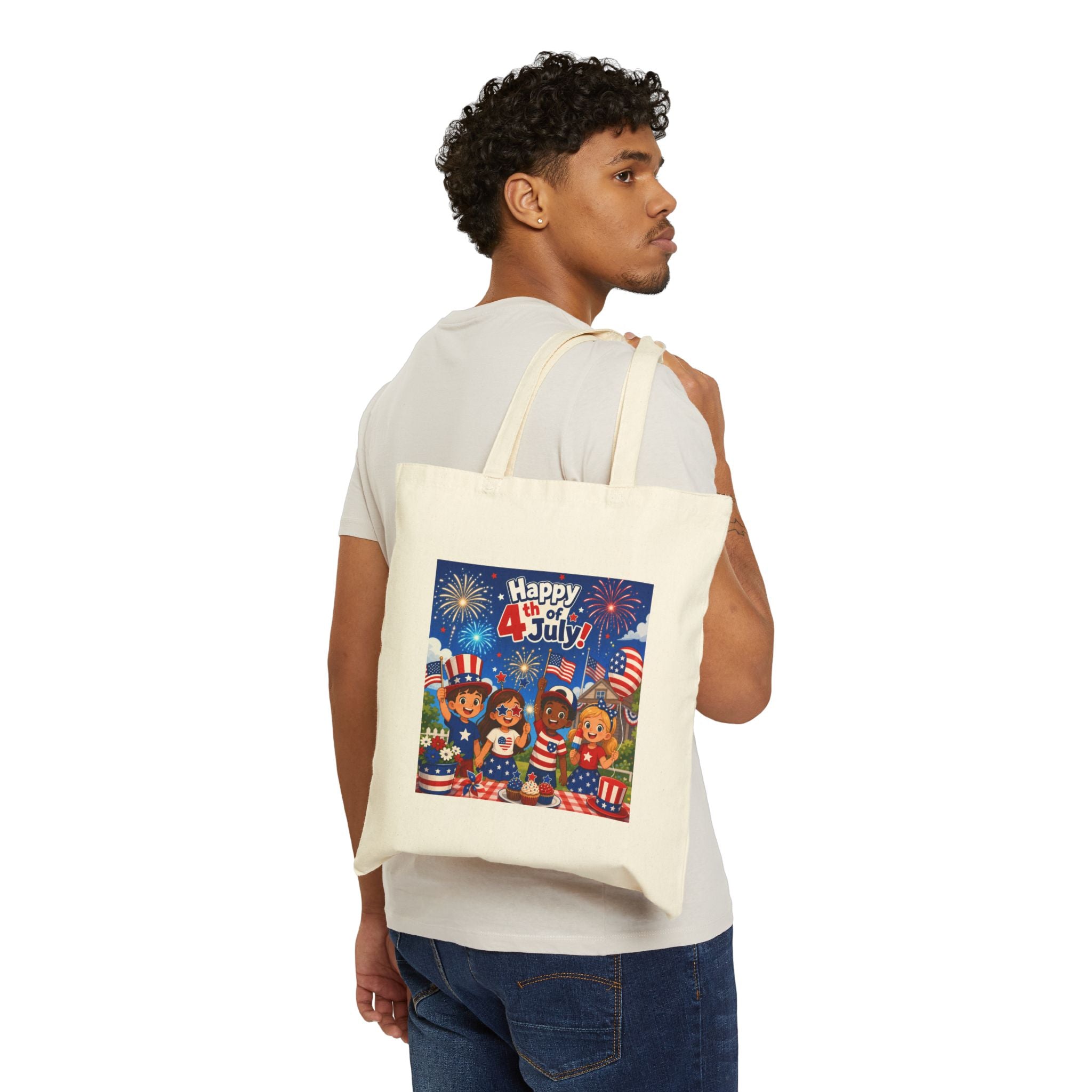 Happy 4th of July Cotton Tote Bag - Patriotic Kids Fireworks Design
