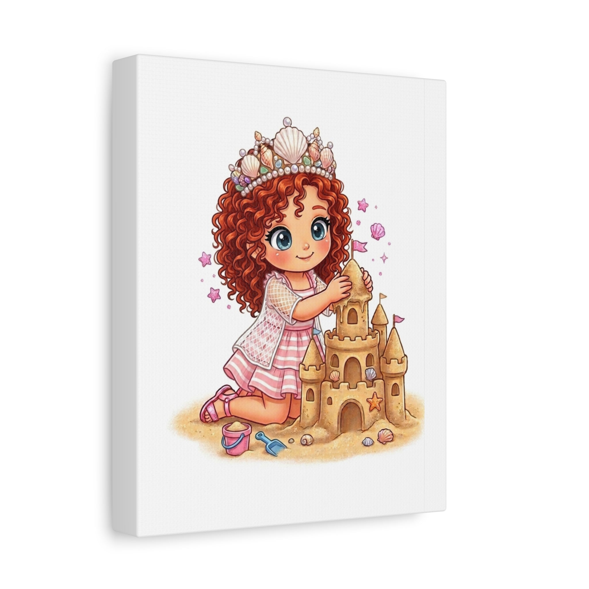 Cute Girl Building Sandcastle Canvas Print — Beach Princess Nursery Wall Art