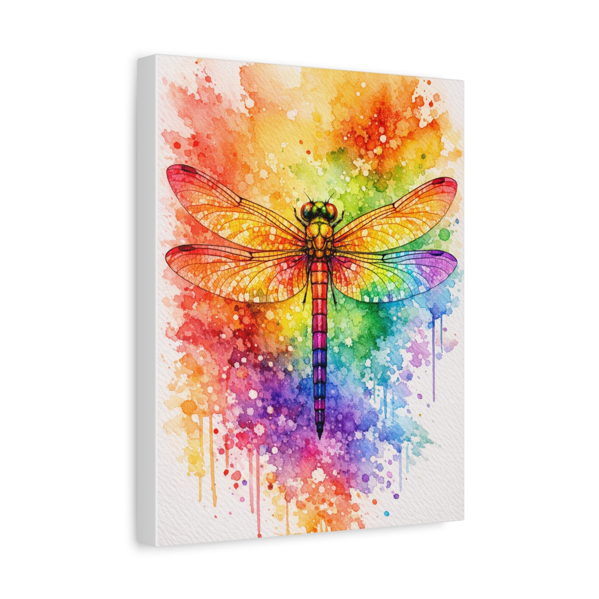 Rainbow Watercolor Dragonfly Canvas Art – Vibrant Stretched Matte Wall Decor