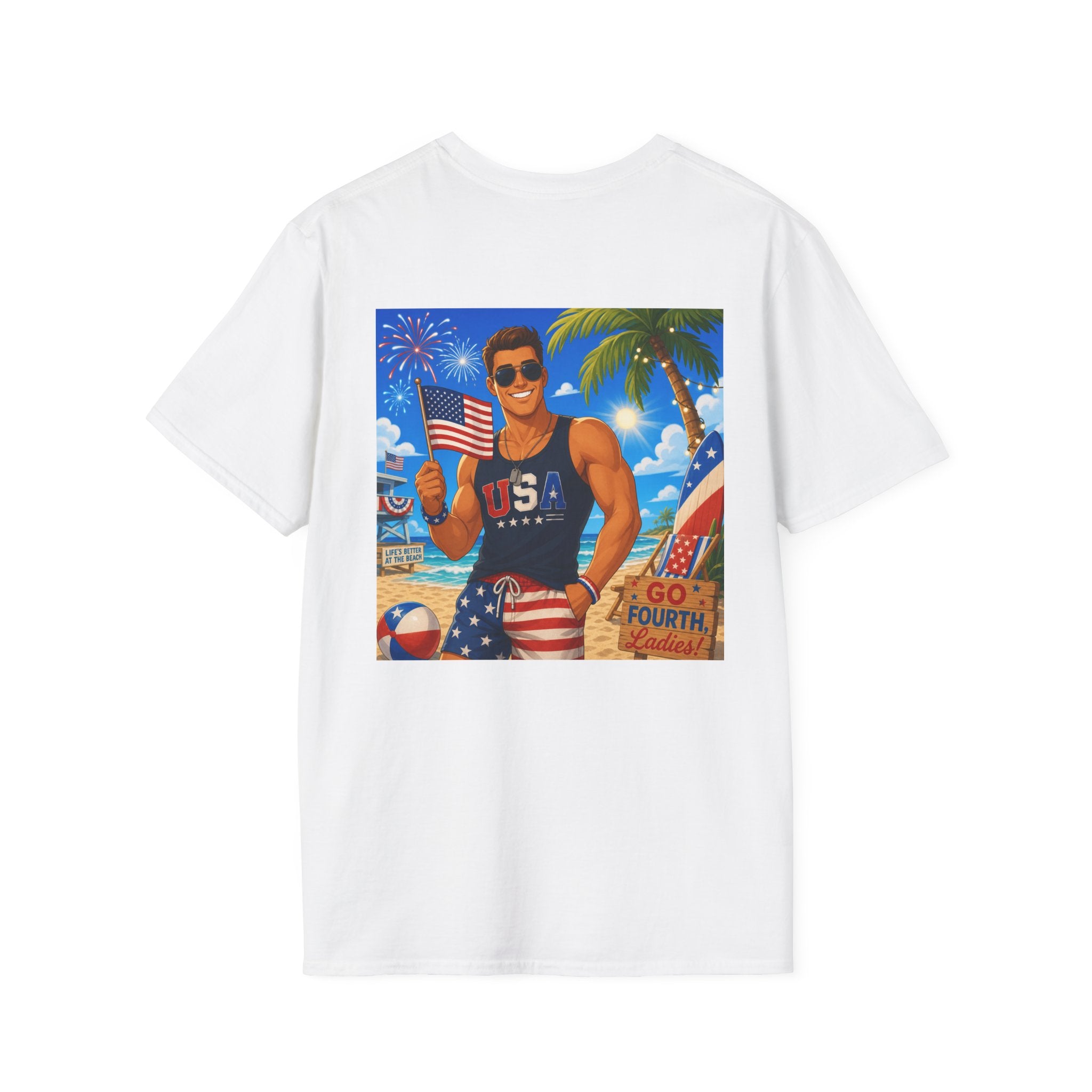 Patriotic USA Fourth of July Beach T-Shirt — USA Flag Muscle Man Graphic
