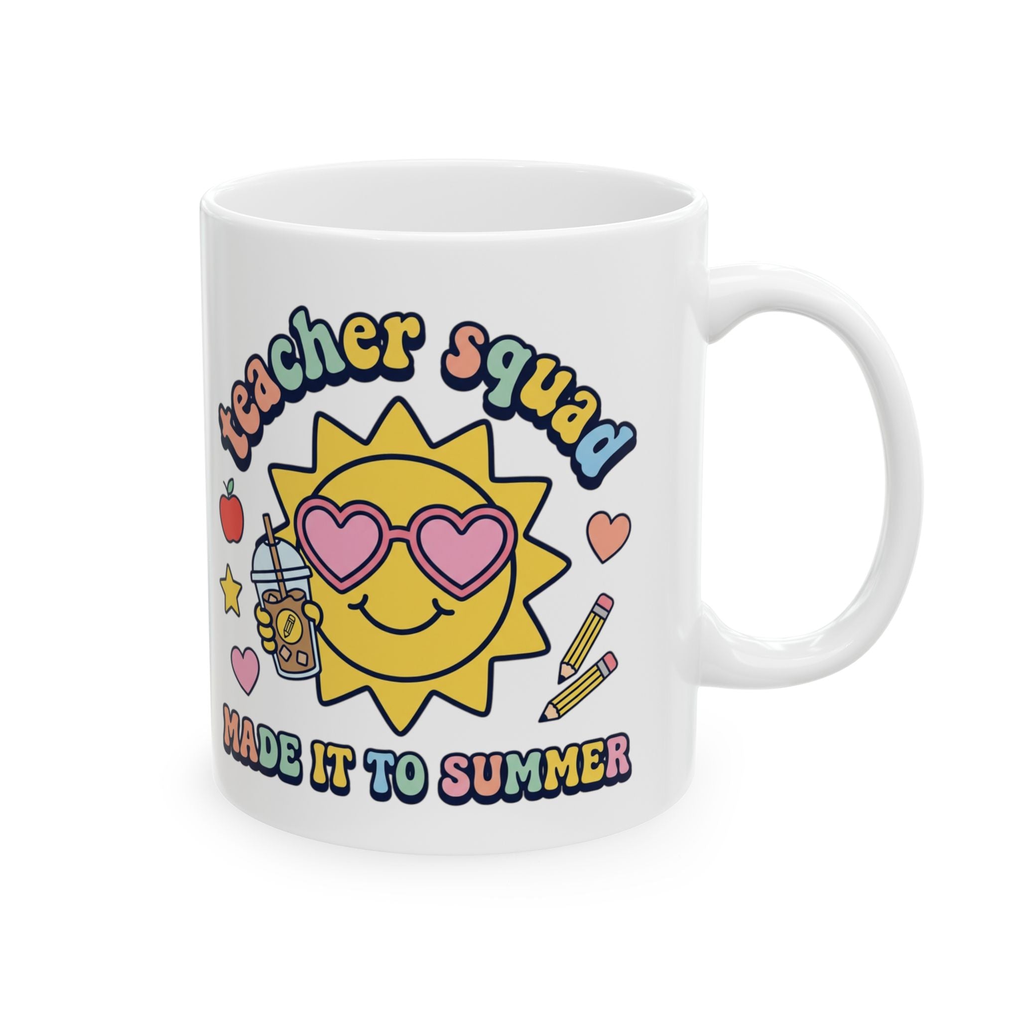 Teacher Squad Summer Ceramic Mug – "Made by a Teacher" Cute Sun & School Icons (11oz/15oz)