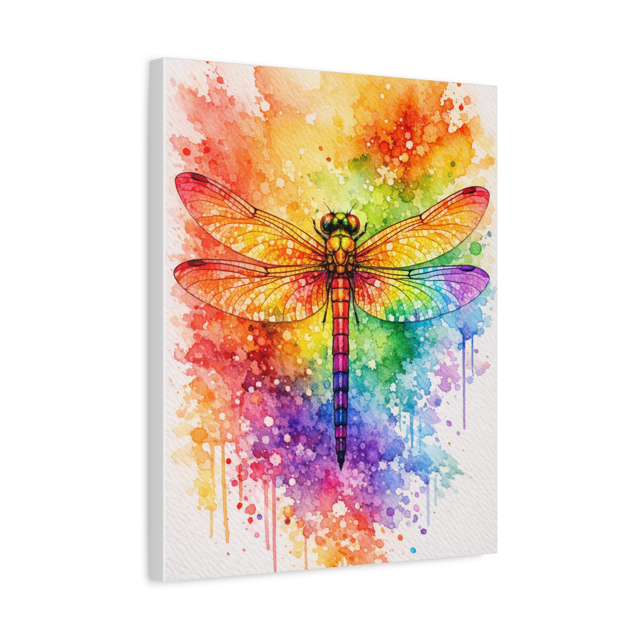 Rainbow Watercolor Dragonfly Canvas Art – Vibrant Stretched Matte Wall Decor
