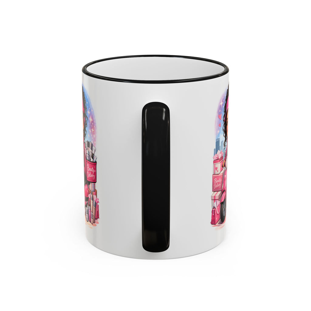 Coffee Mug — Cute Pink Makeup Girl Illustration Accent Rim & Handle