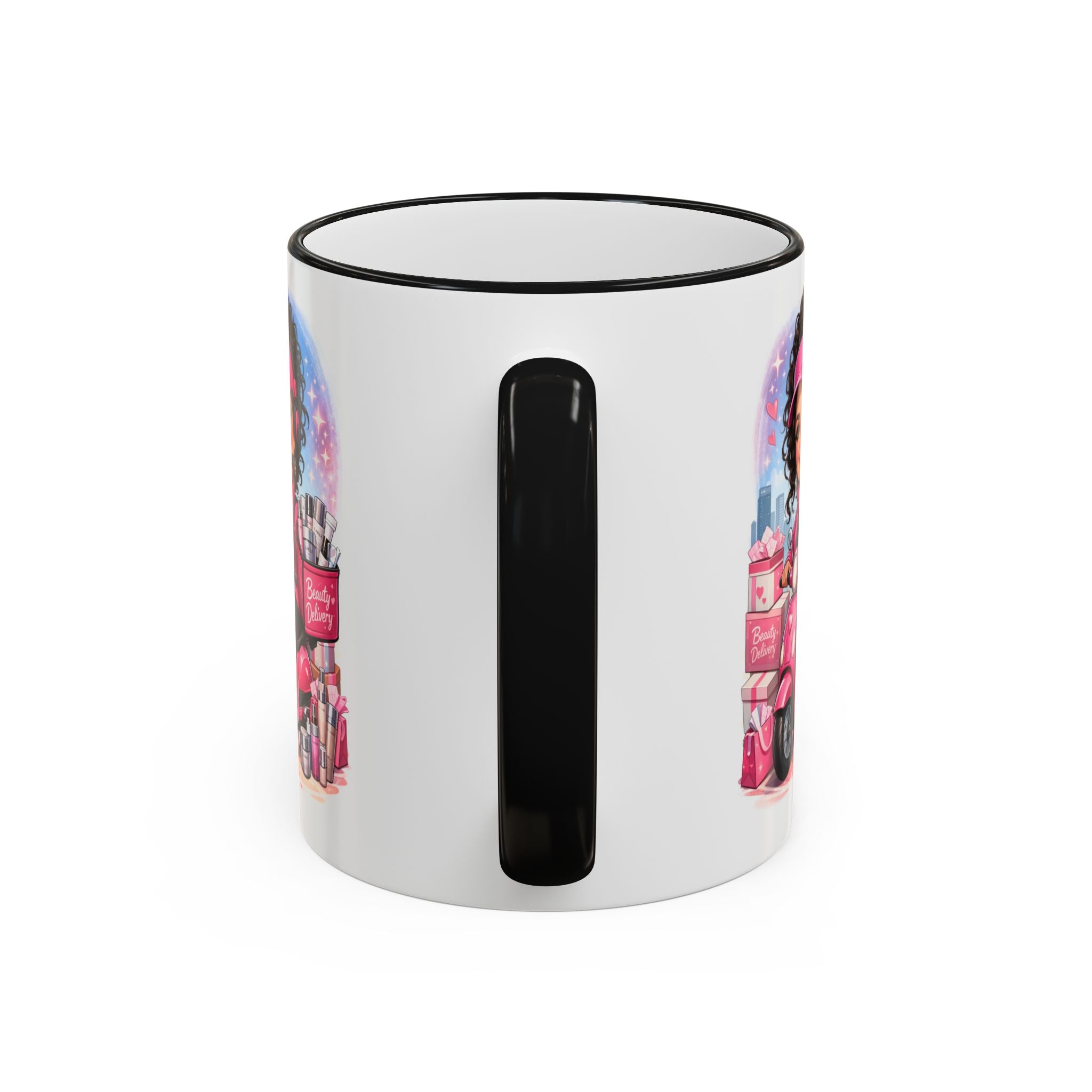 Coffee Mug — Cute Pink Makeup Girl Illustration Accent Rim & Handle