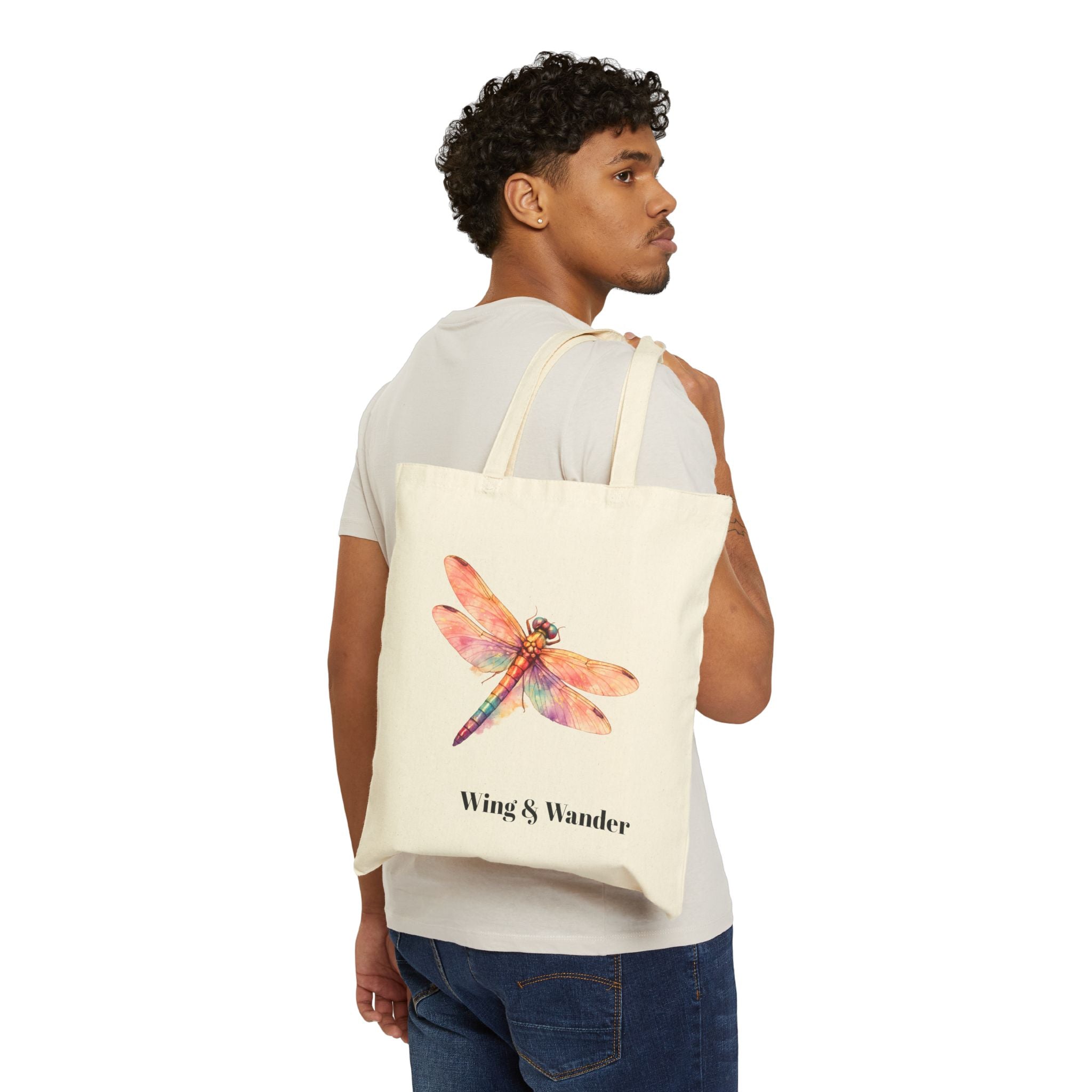 Canvas Tote Bag – Watercolor Dragonfly Floral Tote, Eco-Friendly Cotton Market Bag