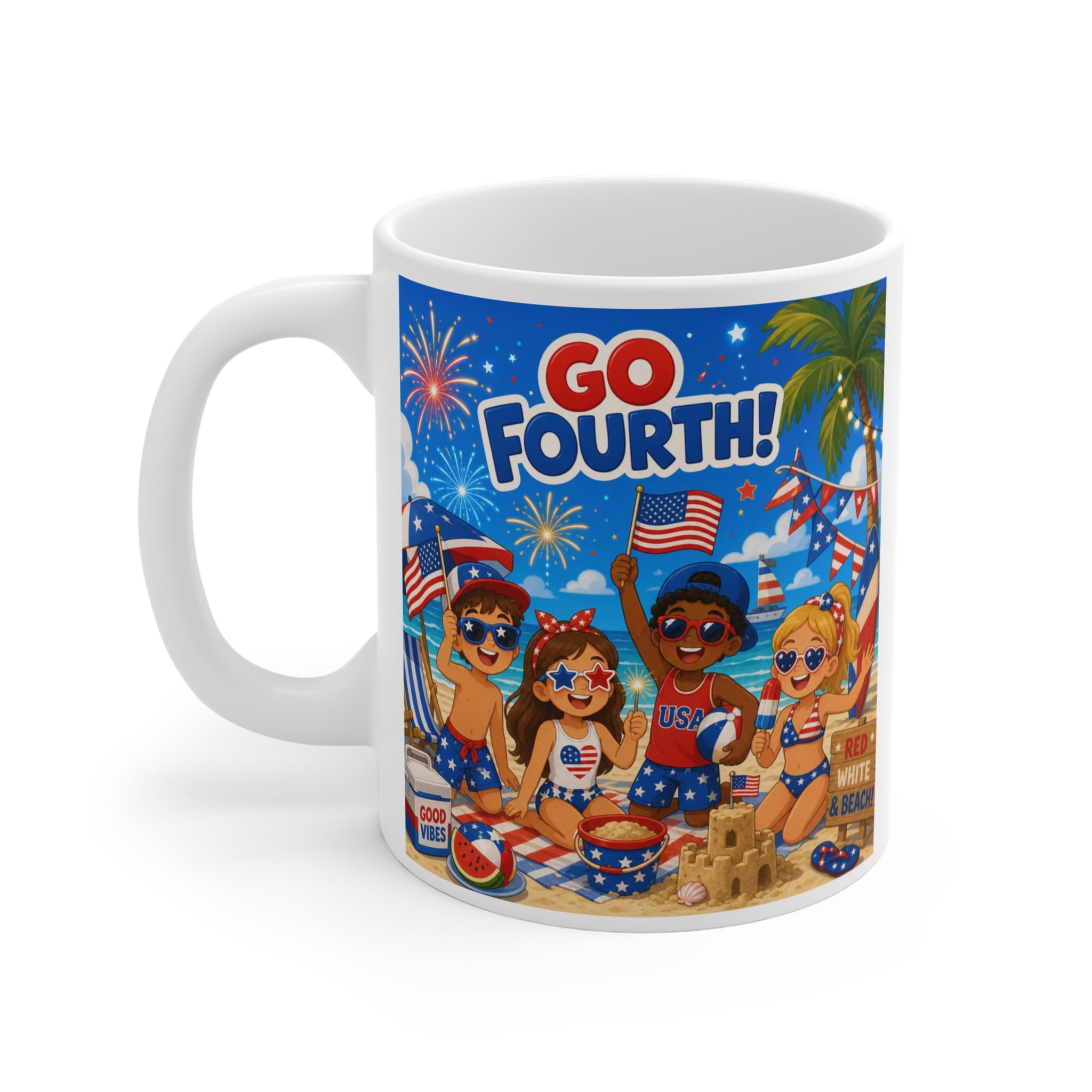 Go Fourth! 4th of July Patriotic Beach Mug — Red White & Blue Independence Day Coffee Cup