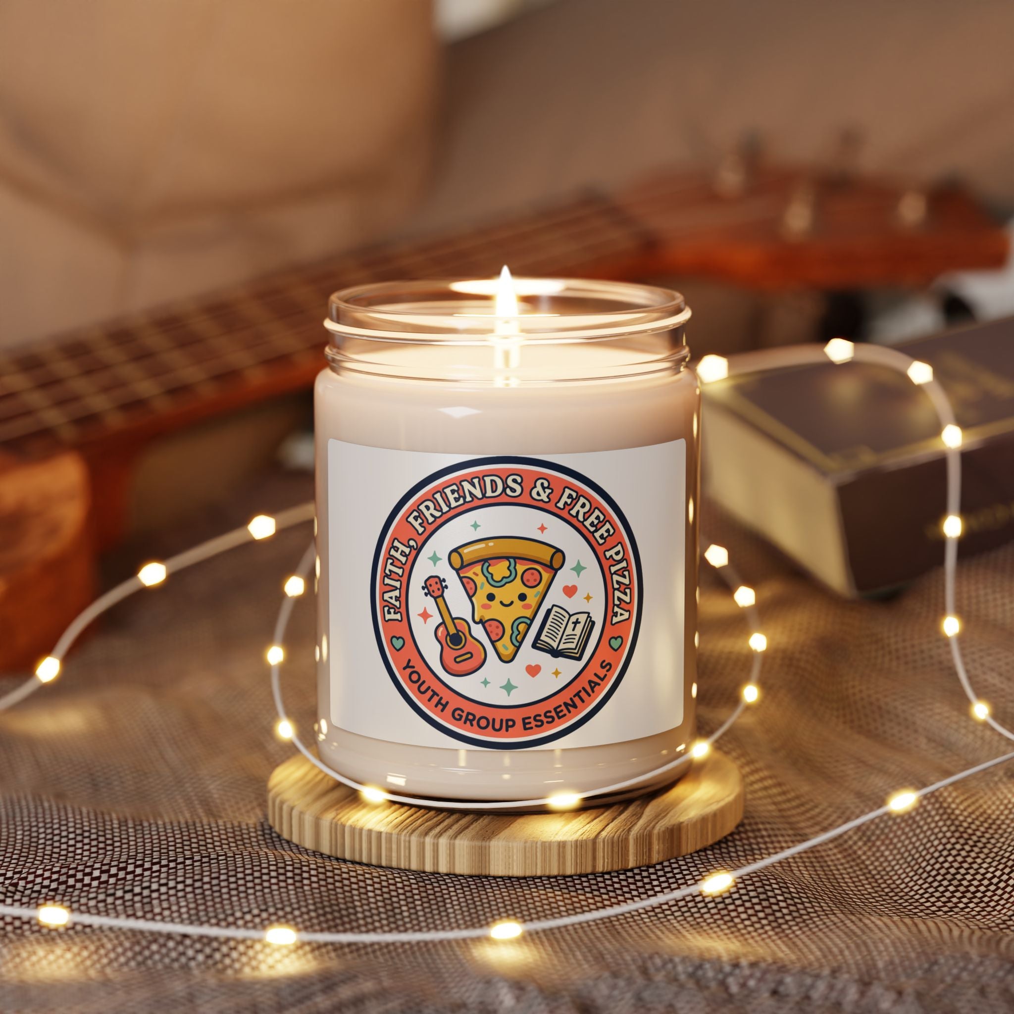 Faith, Friends & Free Pizza Candle | Christian memes, church camp vibe