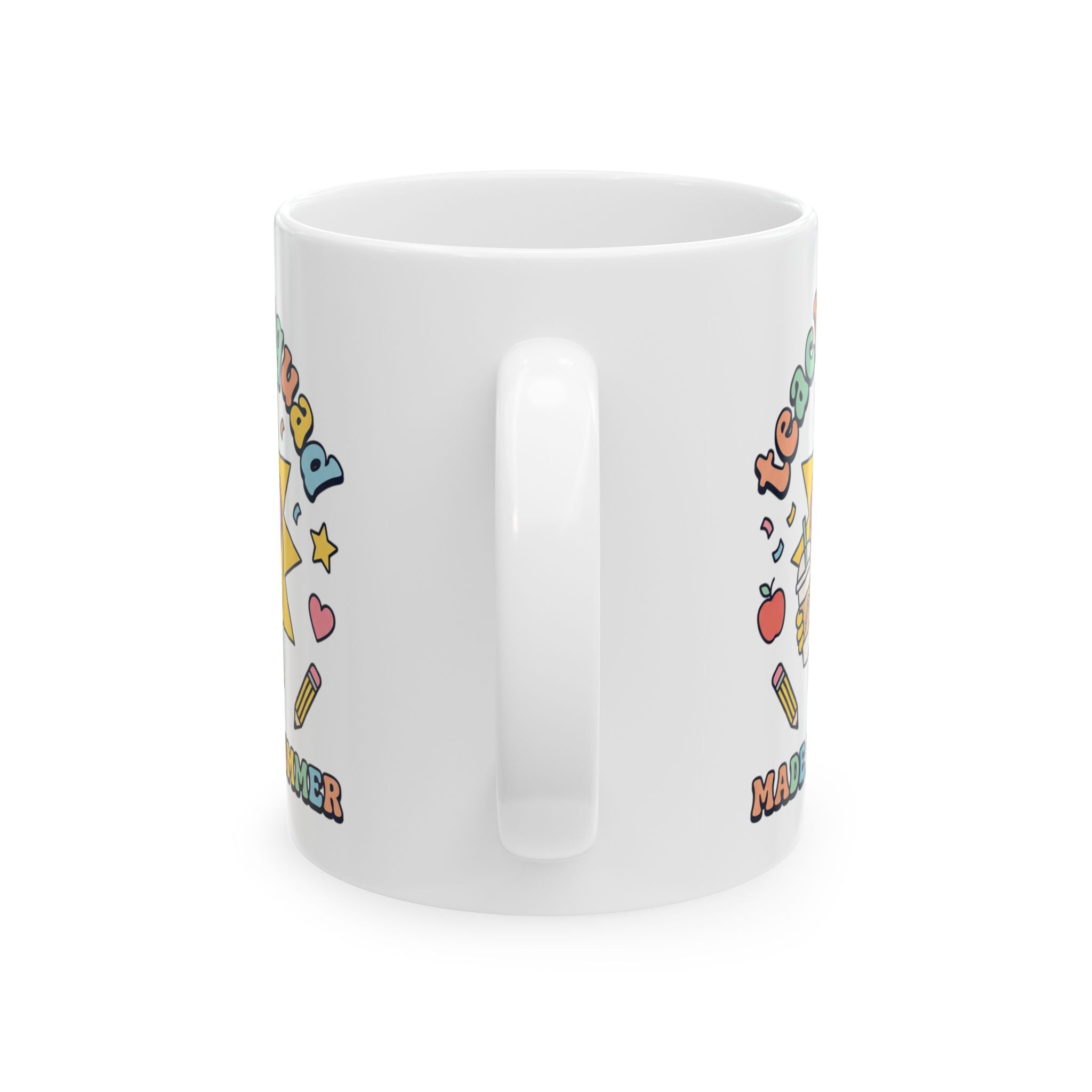 Teacher Squad Mug — "Made It Through Summer" Cute Sun & School Icons Ceramic Coffee Cup (11oz/15oz)