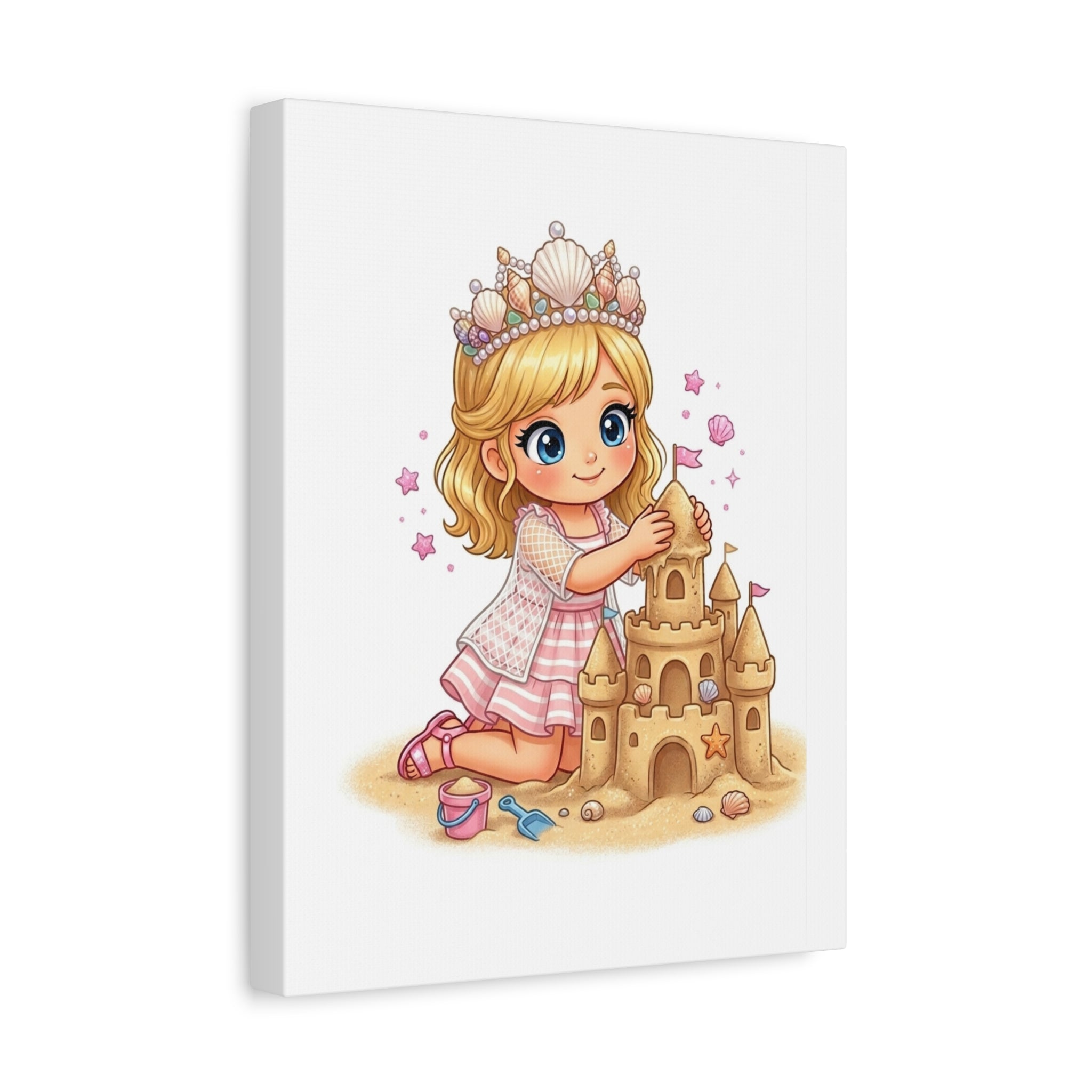 Princess Girl Building Sandcastle Canvas Wall Art — Cute Coastal Nursery Decor