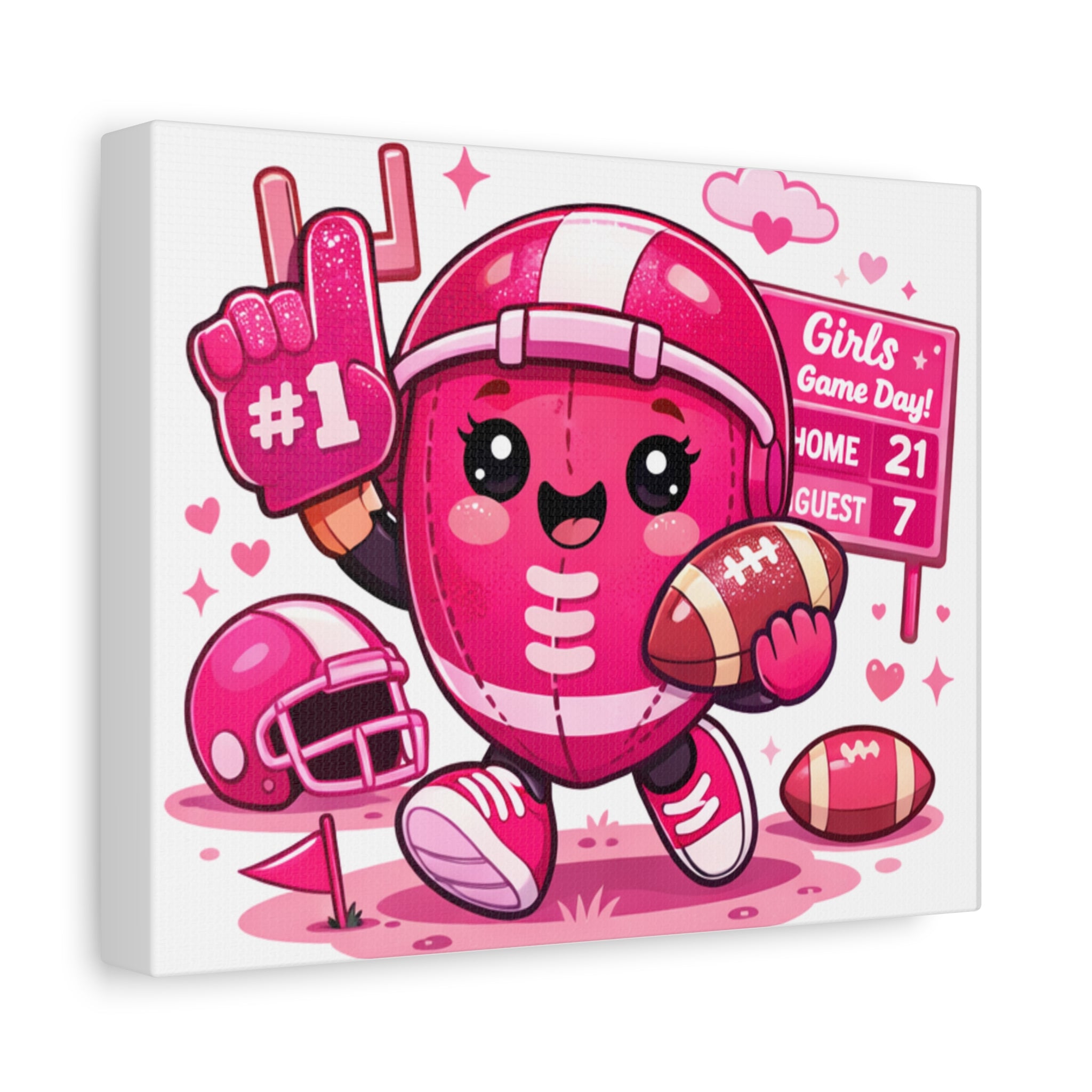 Cute Pink Football Girl Canvas Wall Art — 'Girls Game Day' Stretched Matte Print