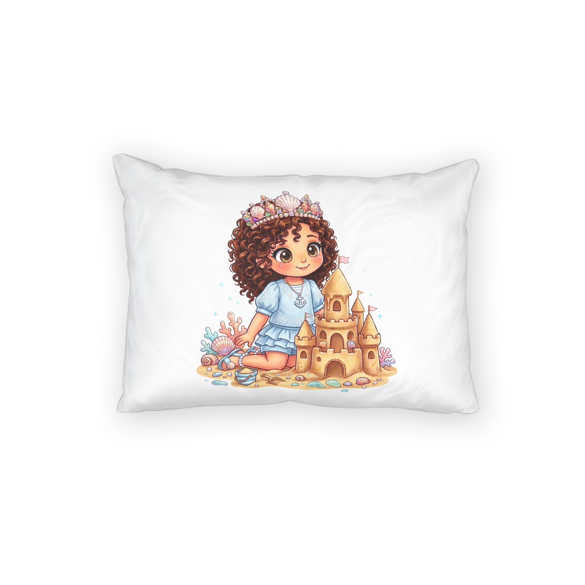 Kids Beach Girl Pillow Sham — Cute Princess Sandcastle Cotton Pillowcase