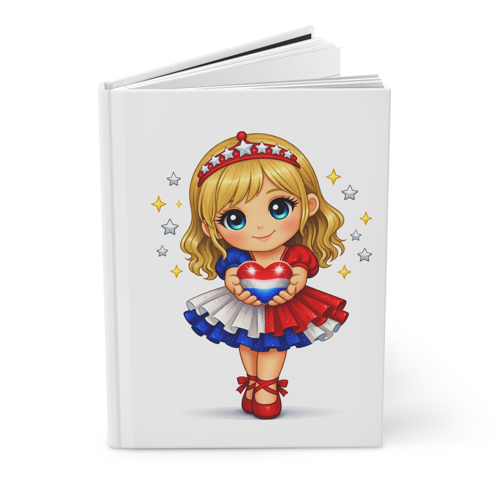 Patriotic Cute Girl Hardcover Journal — Red White Blue Heart Notebook for Kids & Fourth of July