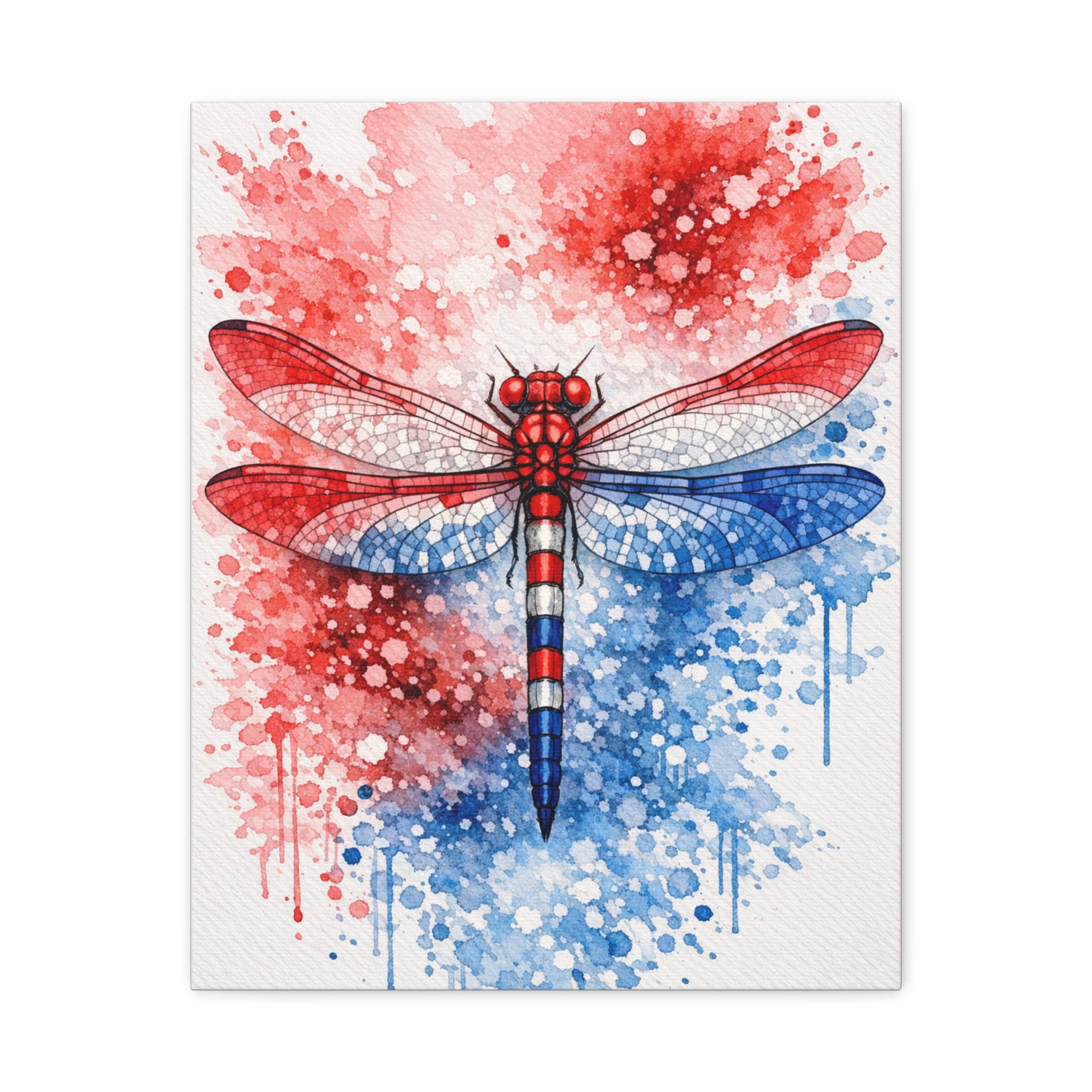 Patriotic Dragonfly Canvas Wall Art - Red White Blue Watercolor