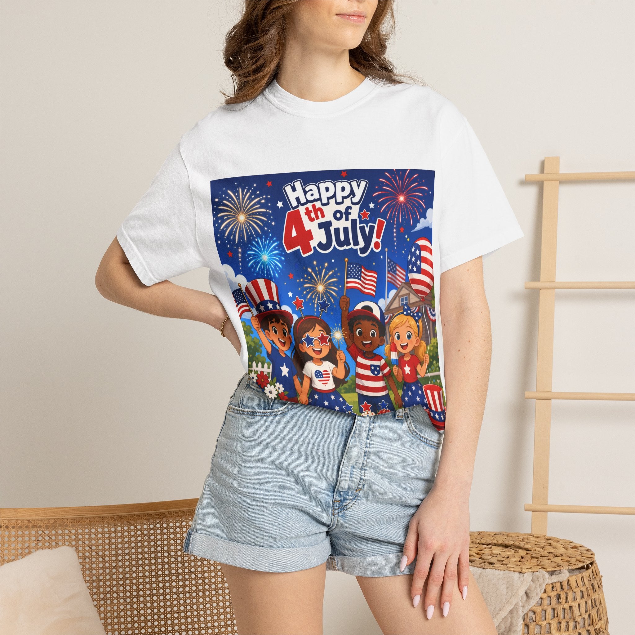 4th of July Kids Patriotic T-Shirt — "Happy 4th of July" Fireworks Design
