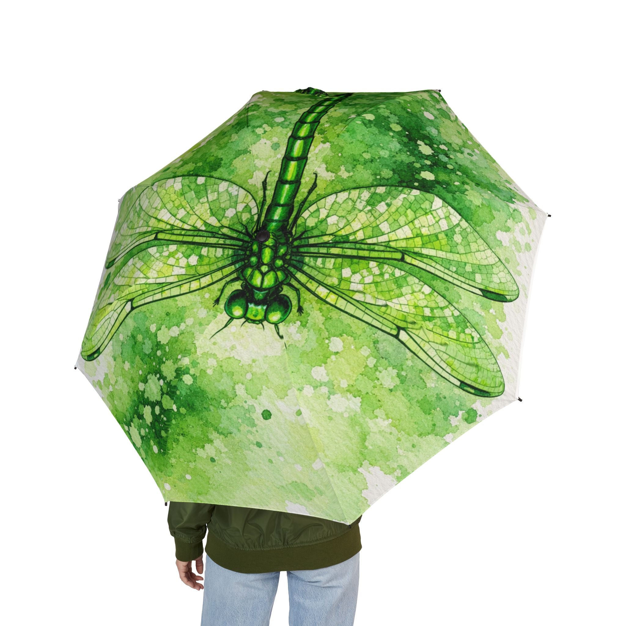 Dragonfly Print Foldable Umbrella – Green Watercolor Splash