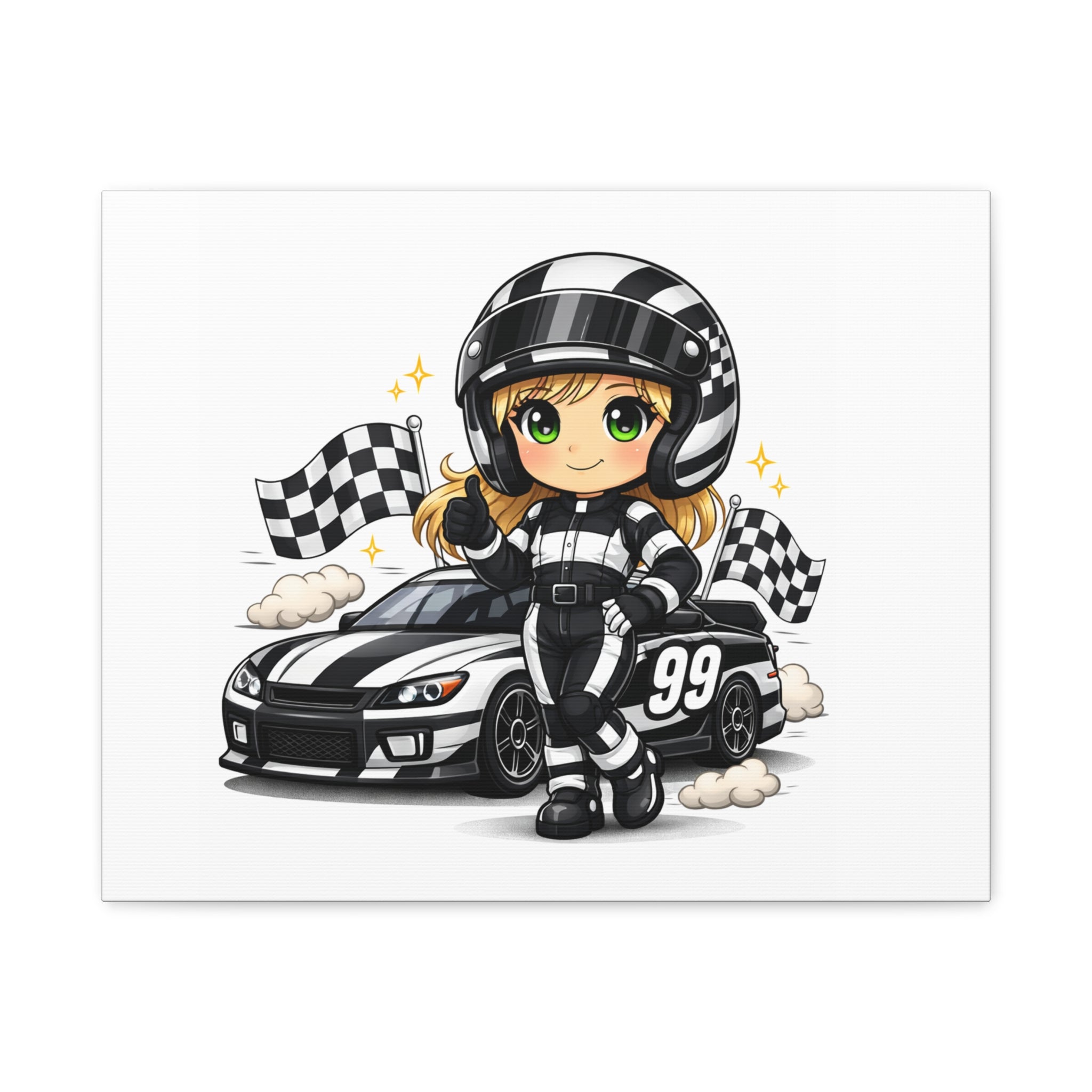 Race Car Driver Girl Canvas Print — Cute Motorsport Wall Art (Checkered Flag, #99)