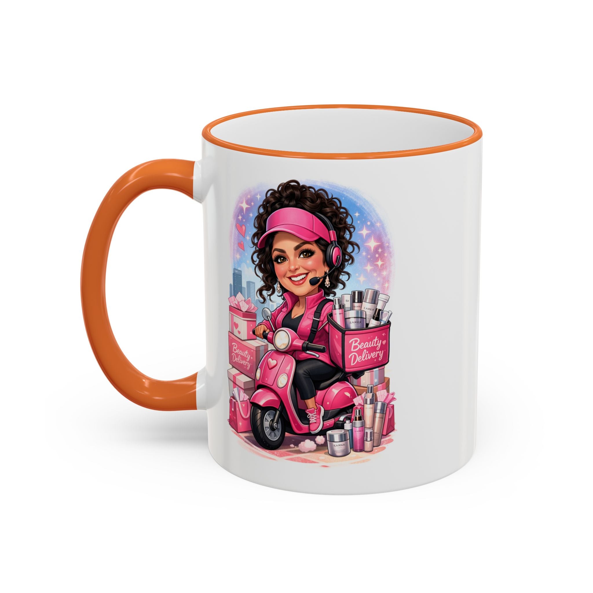 Coffee Mug — Cute Pink Makeup Girl Illustration Accent Rim & Handle