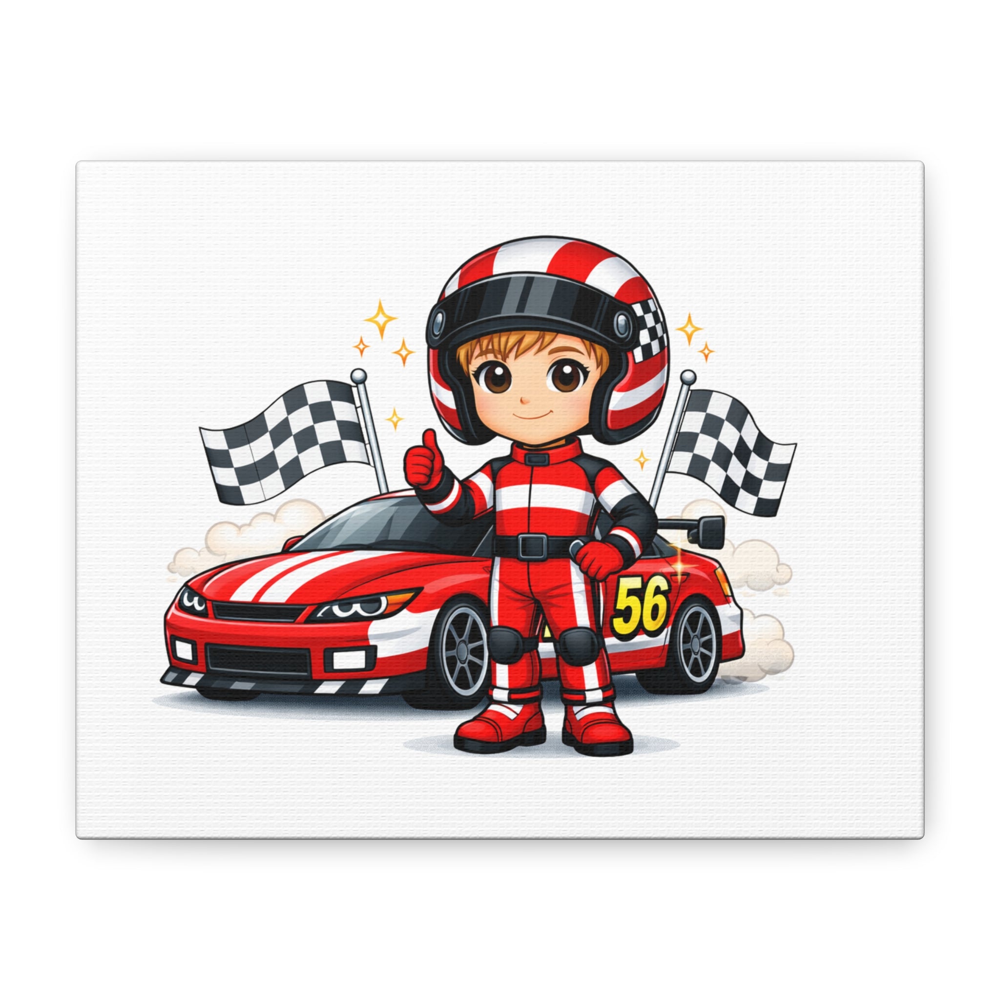 Race Car Driver Canvas Wall Art — Cute Cartoon Racer with Checkered Flags