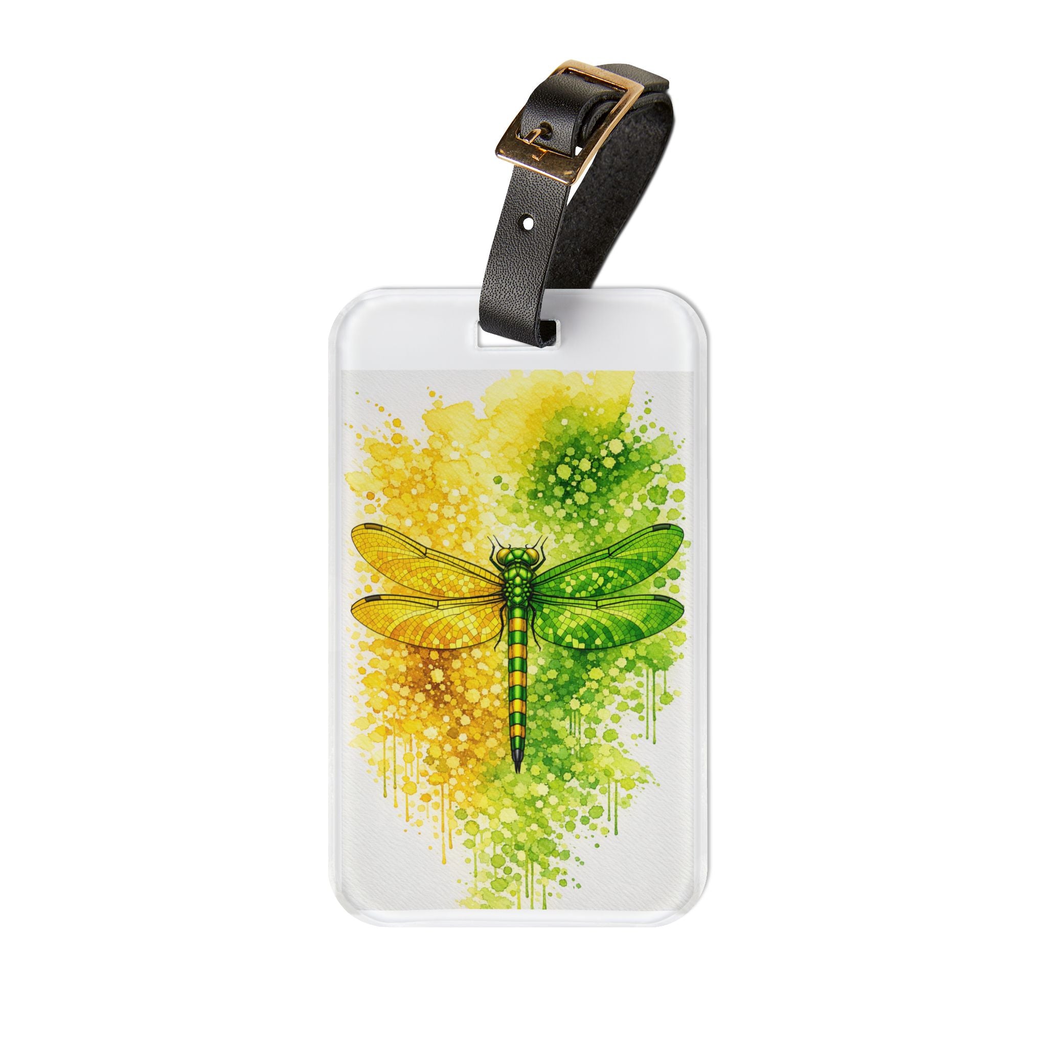 Green Dragonfly Luggage Tag — Watercolor Splash Travel ID