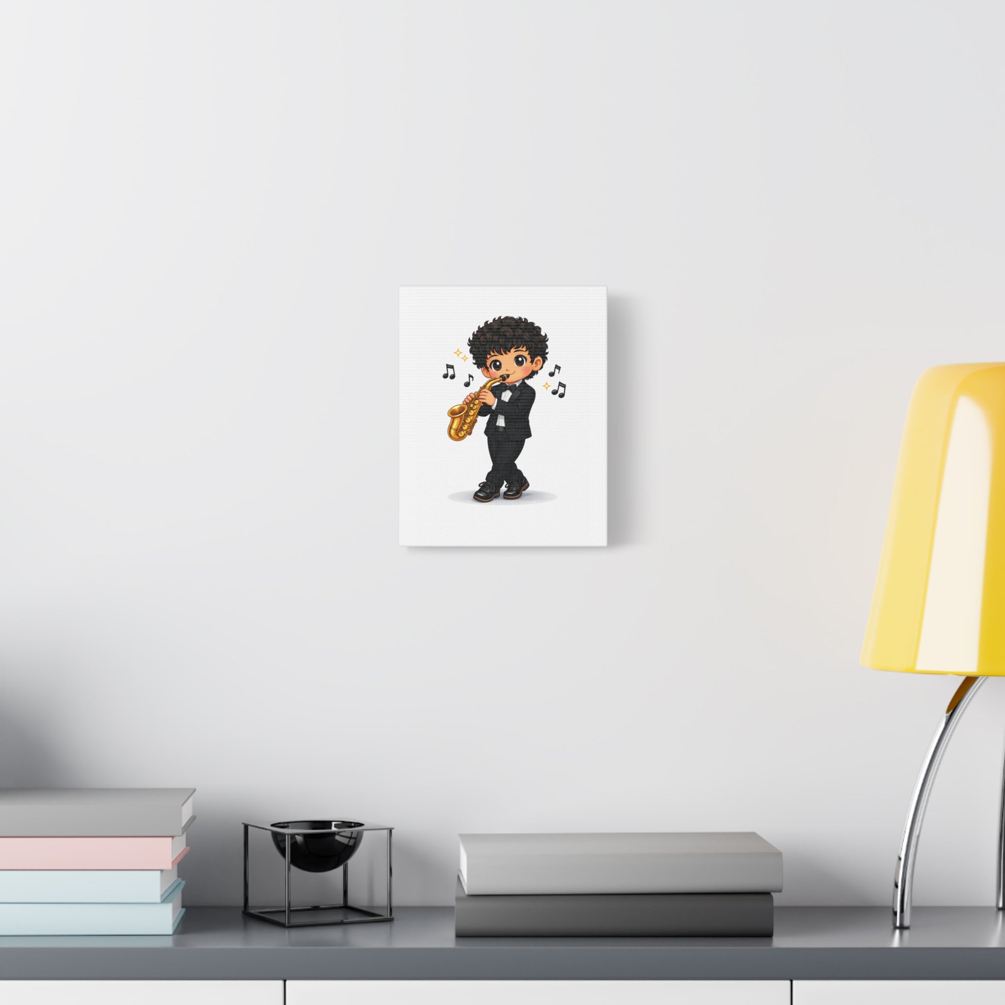 Cute Saxophonist Wall Canvas — Chibi Boy Playing Saxophone Artwork