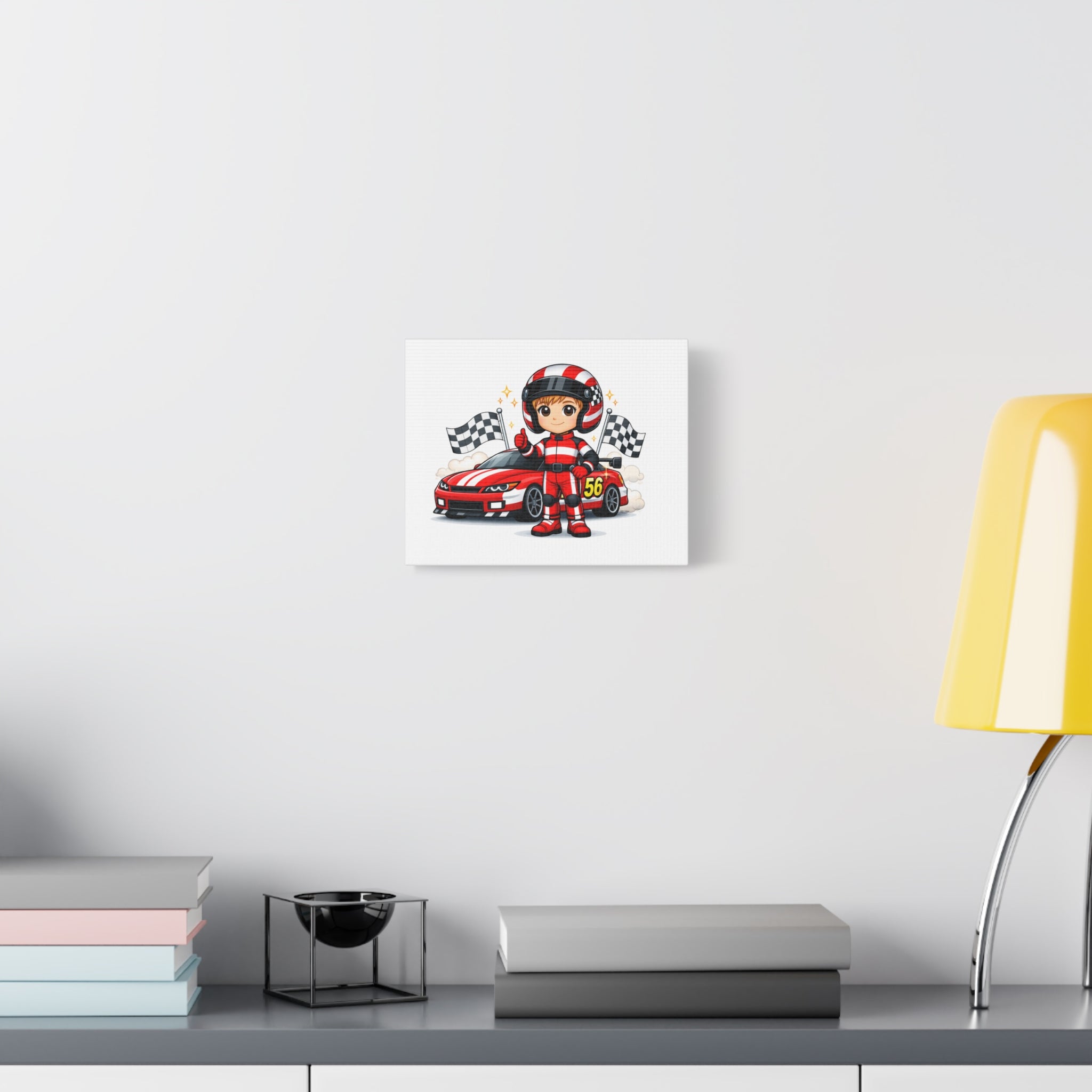 Race Car Driver Canvas Wall Art — Cute Cartoon Racer with Checkered Flags